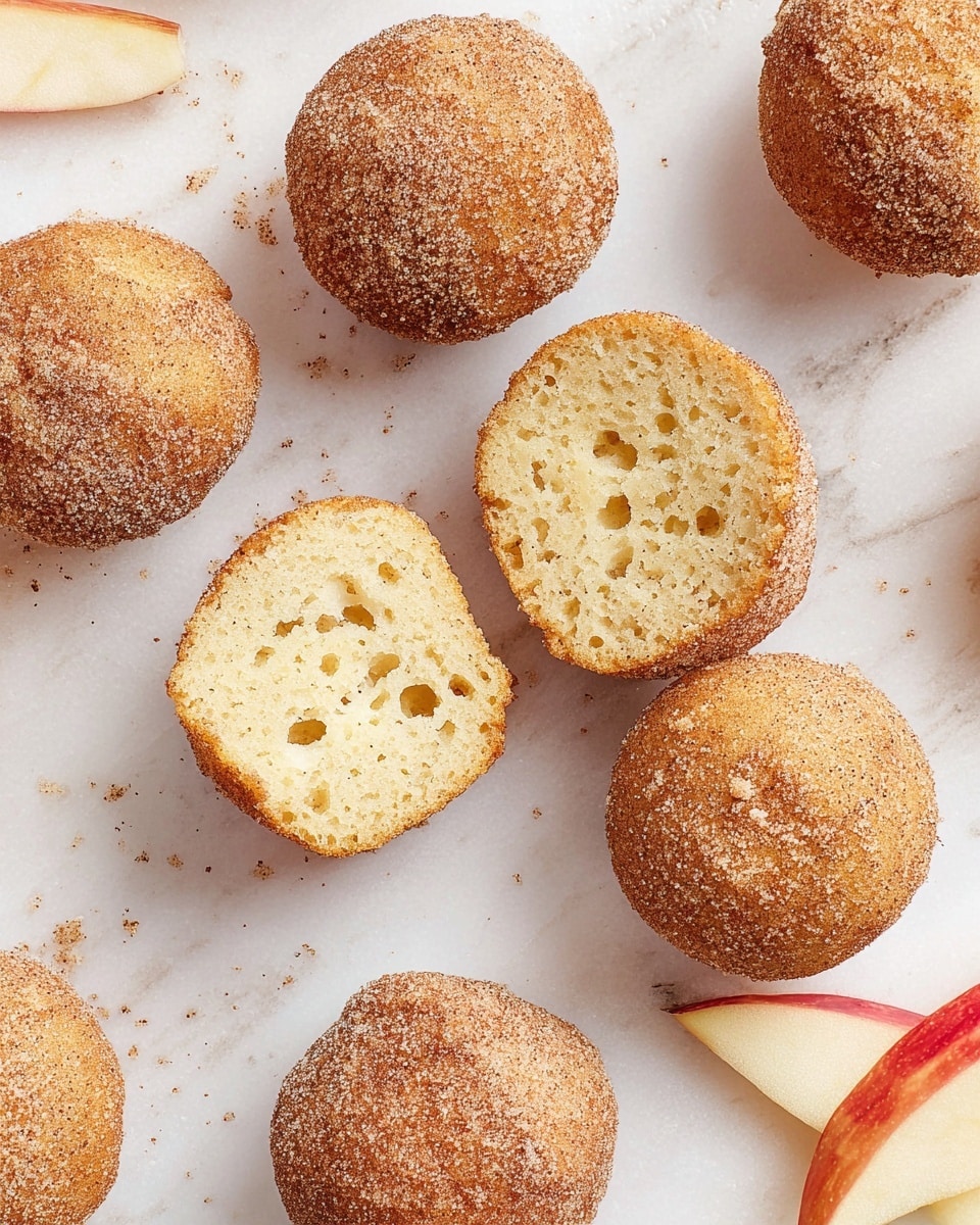 The image shows several small round doughnut balls with a light golden brown color and a rough sugar coating on the outside. Two of the doughnut balls are cut in half to show the inside, which is pale yellow with many small holes and a soft, airy texture. The doughnut balls are scattered on a white marbled surface with a few thin slices of red apple placed near the bottom right corner. The scene is well-lit, showing clear texture details on both the doughnut balls and apple slices. photo taken with an iphone --ar 4:5 --v 7