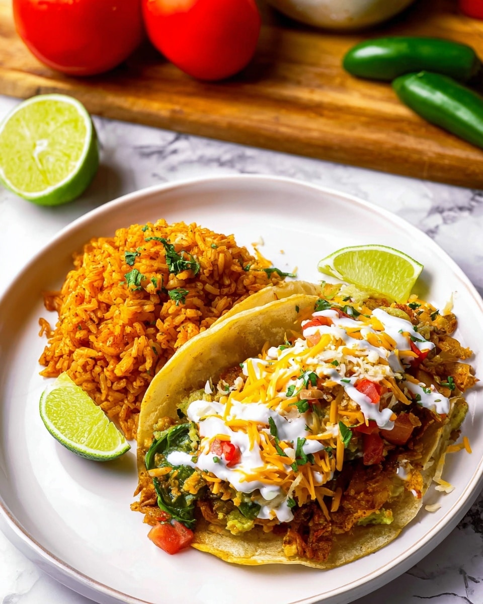 On a white plate with a white marbled texture background, there is a taco and a side of seasoned rice. The taco has a soft, light brown tortilla base filled with layers of green leafy sauce, white creamy drizzle, orange shredded cheese, and small bits of red and green vegetables, all piled together. Next to the taco is a mound of orange rice mixed with small bits of vegetables and topped with chopped green herbs. A half lime with bright green skin and juicy interior sits on top of the rice, while another lime half is placed underneath the taco. Bright red tomatoes and green jalapeños are on a wooden board nearby. Photo taken with an iphone --ar 4:5 --v 7