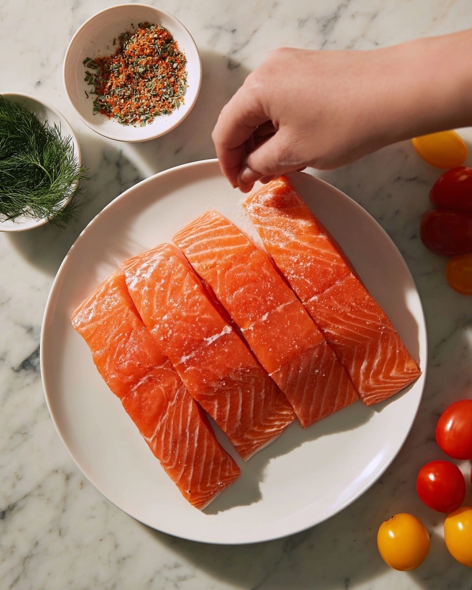 Four pieces of bright orange salmon laid side by side on a large white plate at the bottom of the image, showing the smooth texture and white fat lines of the fish. Above the plate, a woman's hand is seen sprinkling seasoning over the salmon. To the left, two small white bowls are placed on a white marbled surface; the top bowl contains fresh green dill, while the bottom bowl holds a brownish-red spice mix with bits of green seasoning. On the right side, several red and yellow cherry tomatoes lay scattered on the white marbled surface. The lighting is soft and natural, highlighting the fresh ingredients. Photo taken with an iphone --ar 4:5 --v 7