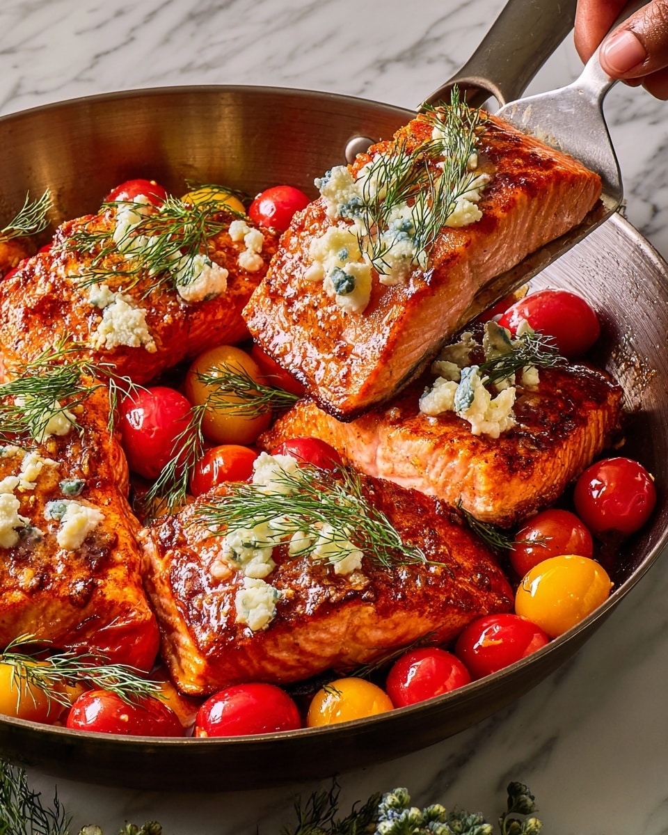 The image shows a close-up of a pan filled with cooked salmon fillets that have a reddish-orange color with a slightly crispy texture on the outside. The fillets are layered with small bits of white cheese scattered on top, giving a crumbly texture. Surrounding the salmon are whole red and yellow cherry tomatoes that look juicy and shiny. Fresh green dill sprigs are placed on the fish and tomatoes, adding a touch of green and freshness. A woman's hand holding a spatula lifts one salmon fillet out of the pan, showing its thick and tender interior. The background is a white marbled texture. photo taken with an iphone --ar 4:5 --v 7