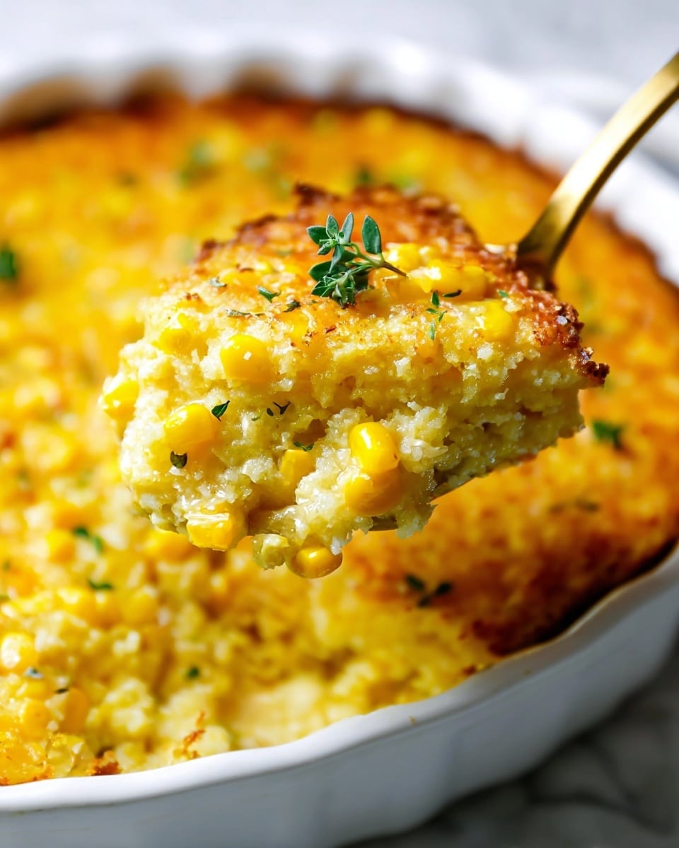 A close-up of a golden baked corn casserole being lifted by a gold spoon, showing a thick, creamy mixture with visible bright yellow corn kernels and small green herb leaves on top. The casserole has a slightly browned crust with a soft, textured inside full of corn pieces. The background is a white marbled surface and the casserole is in a white dish. The image feels warm and rich, highlighting the smooth and chunky layers of corn and cheese. Photo taken with an iphone --ar 4:5 --v 7