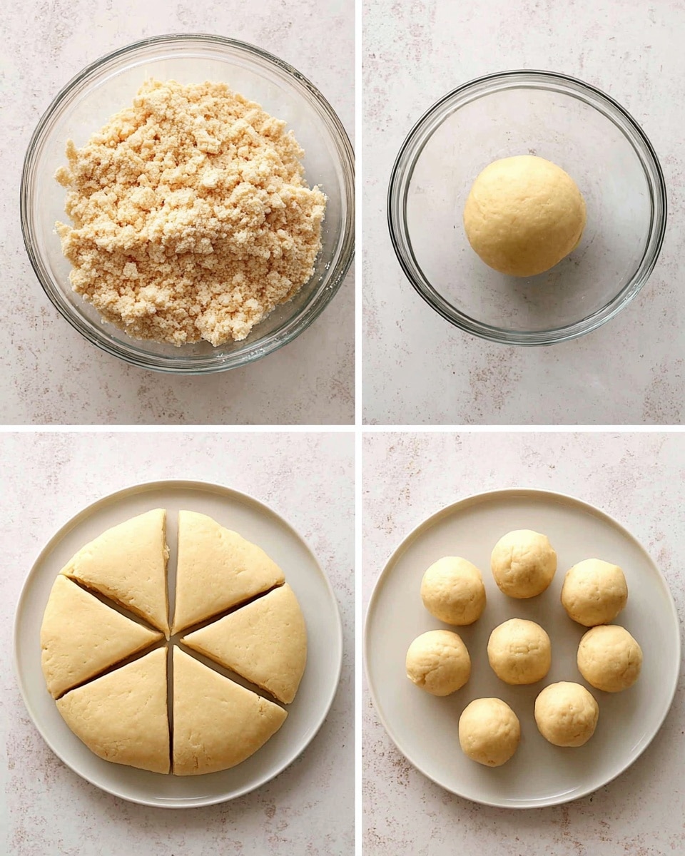The image shows four steps of making dough in a grid of four photos. The top left photo has a clear glass bowl filled with crumbly, light beige dough with a rough texture. The top right photo shows the same bowl with the dough now formed into a smooth, round ball that is pale yellow and soft. The bottom left photo has a white plate holding the dough shaped into a thicker round disk, cut into eight triangle sections with eyes on the surface. The bottom right photo features the same white plate with eight small, round dough balls, smooth and pale yellow, arranged in a circle with one in the middle, all on a white marbled surface. Photo taken with an iphone --ar 4:5 --v 7