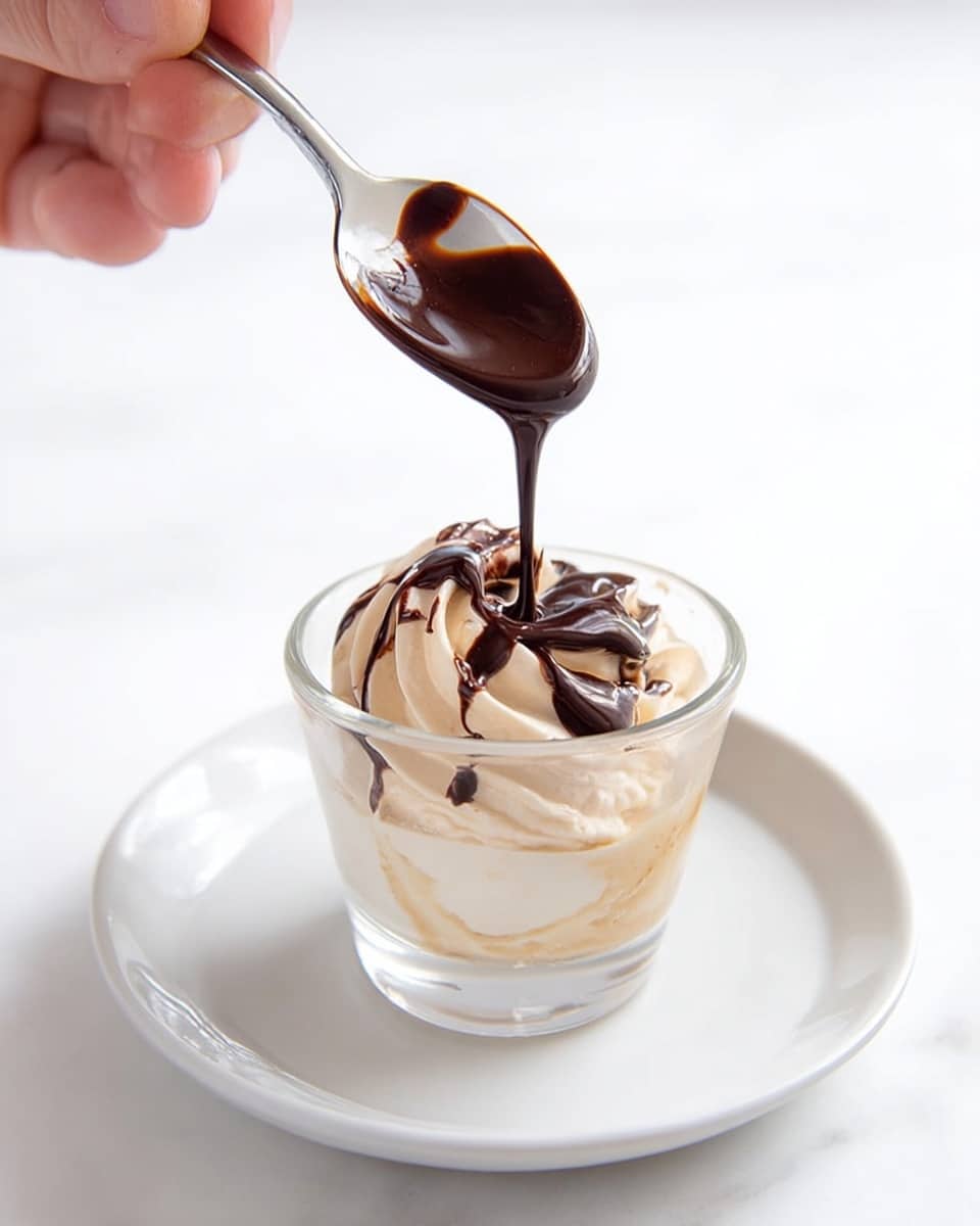 A clear glass cup sits on a white plate on a white marbled surface, filled with swirled light beige cream forming soft, smooth layers. Above the cup, a woman's hand holds a silver spoon tilted down, dripping thick dark chocolate sauce onto the cream, the sauce glossy and rich, creating a contrast with the pale cream below. The background is all white. Photo taken with an iphone --ar 4:5 --v 7