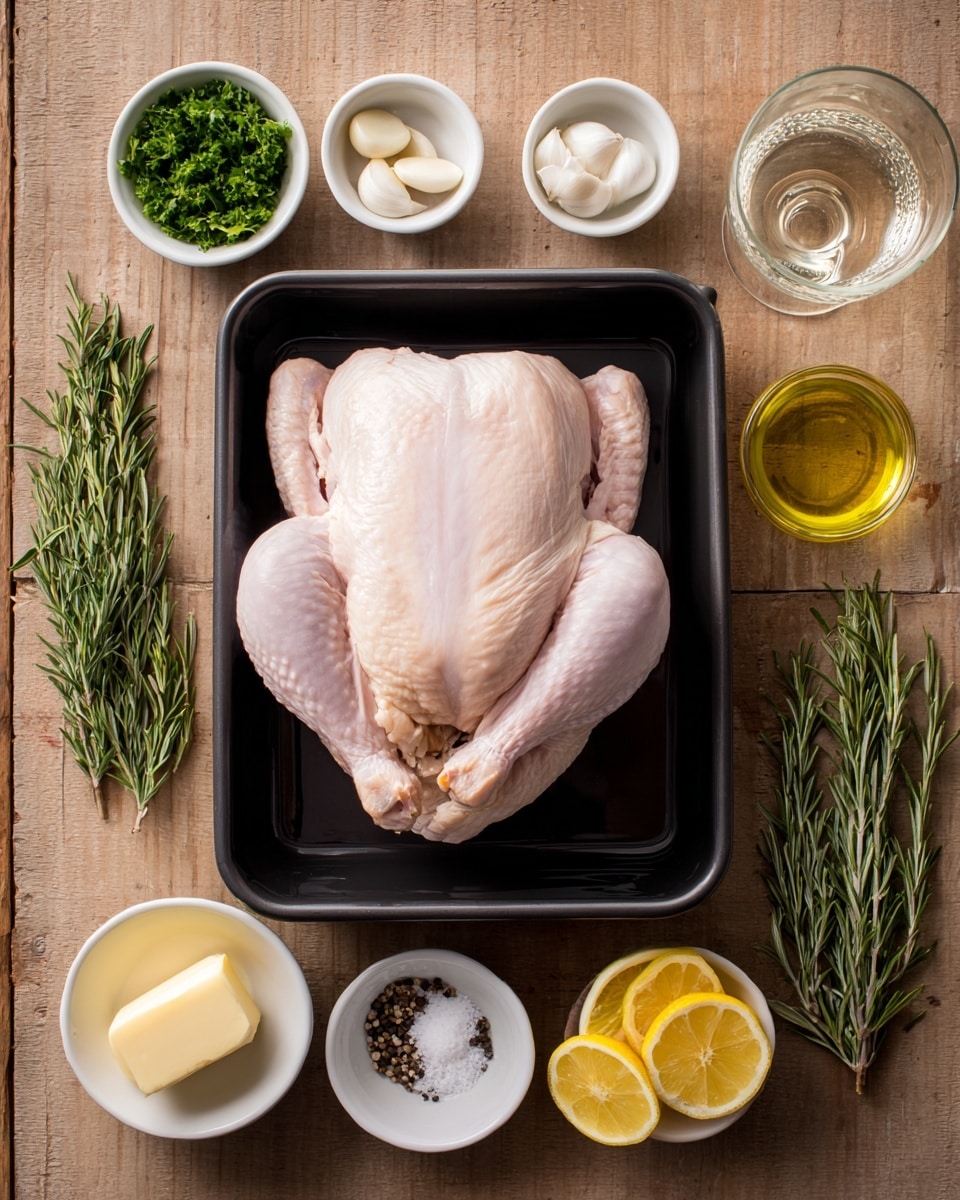 A whole raw chicken with pale pink skin lies centered inside a black rectangular pan, placed on a wooden surface. Around the pan are eight small white bowls and items: at the top left, finely chopped green parsley; next to it, a small glass container with golden oil; beside it, three peeled white garlic cloves; a clear glass with white wine; on the right, two yellow lemon slices in a white bowl; below are three green sprigs of rosemary; near the bottom left of the pan, a white bowl with pale yellow butter; and two small clear bowls near the bottom center contain black pepper and white salt. The setting is neat with a natural, simple look. Photo taken with an iphone --ar 4:5 --v 7