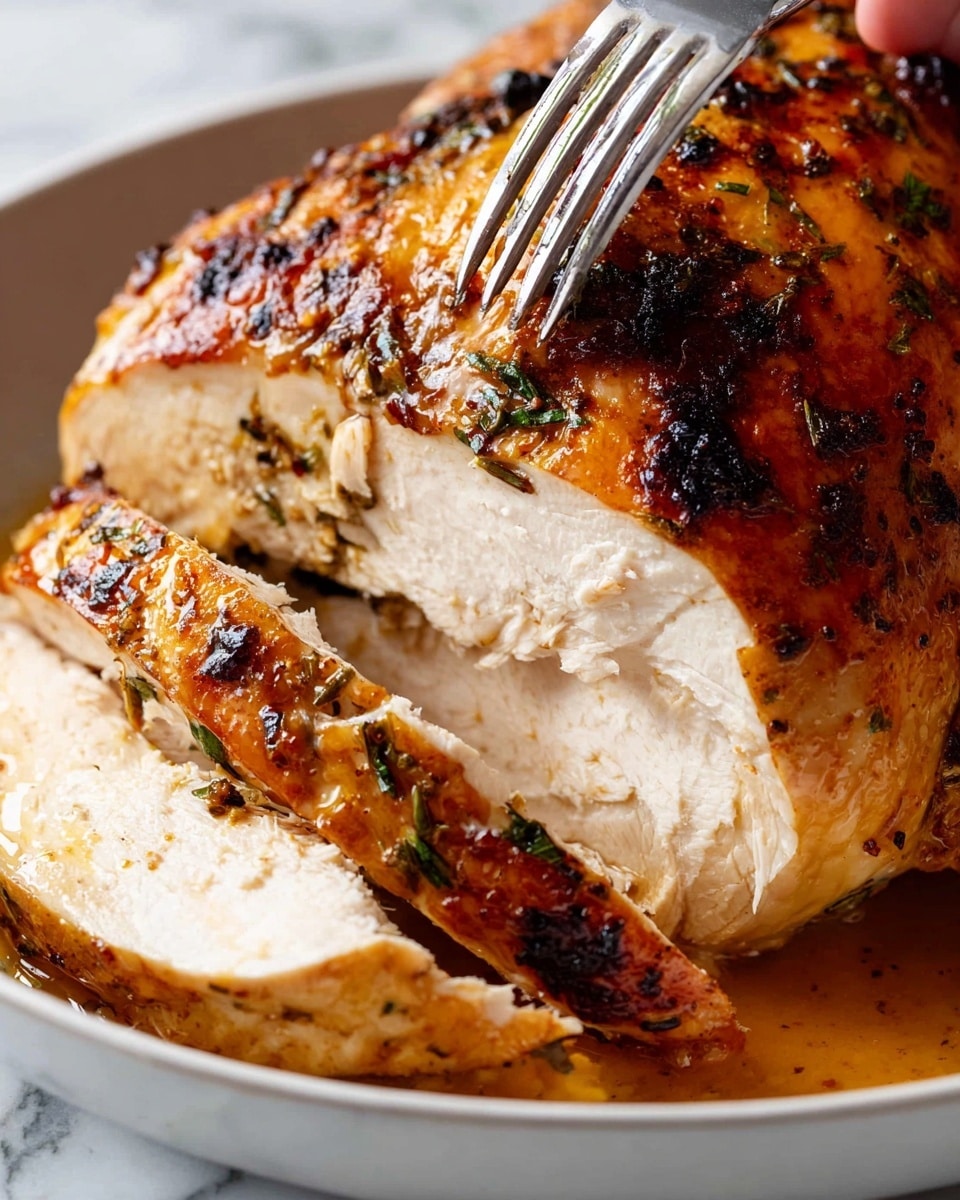 A close-up of a cooked turkey breast with a golden brown, slightly crispy skin with dark browned spots and small green herb pieces scattered on top. The inside is white and juicy, showing the muscle fibers clearly. The turkey rests in a white bowl with some orange-colored juices pooling at the bottom. A woman's hand holding a fork is slicing a thin piece from the turkey, lifting it to show texture. The background is a white marbled surface. Photo taken with an iphone --ar 4:5 --v 7