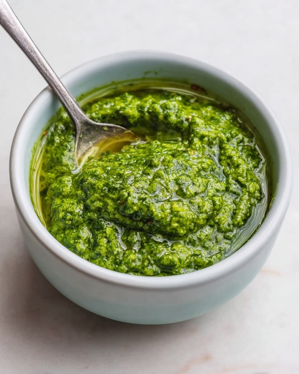 A close-up view of a small white bowl filled with bright green pesto sauce that has a thick, slightly chunky texture with visible bits of herbs and oil pooling on top. The bowl is sitting on a white marbled surface. A silver spoon is partially dipped into the pesto on the left side of the bowl. The bowl has smooth sides and a simple shape. photo taken with an iphone --ar 4:5 --v 7