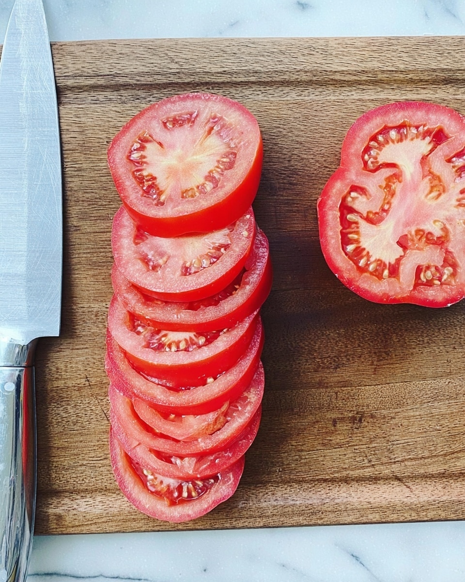 A wooden cutting board with two stacks of sliced red tomatoes placed side by side. The slices show the juicy texture and seeds clearly, with vibrant shades of red and light pink. A silver knife with a serrated edge lies to the left side of the board. The background is a white marbled texture. photo taken with an iphone --ar 4:5 --v 7