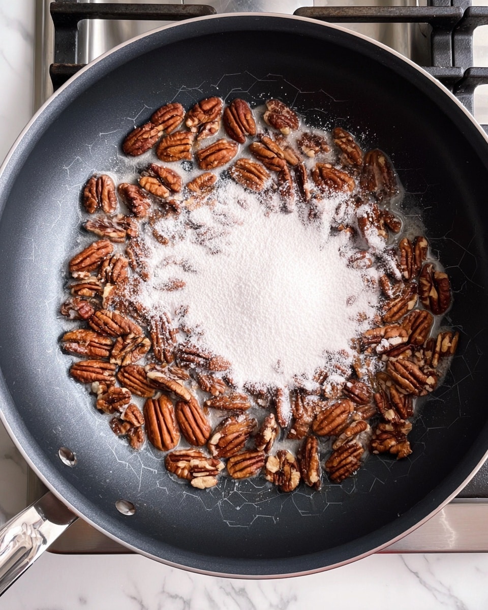 Inside a black frying pan with a hexagon pattern, a pile of brown pecan halves forms the bottom layer, evenly spread out. On top, a white powdery layer of sugar is sprinkled mainly in the center, with some sugar falling over the pecans around the edges. The pan sits on a stovetop with metallic grates visible at the top and a silver burner surface beneath. The background is a white marbled texture. Photo taken with an iphone --ar 4:5 --v 7