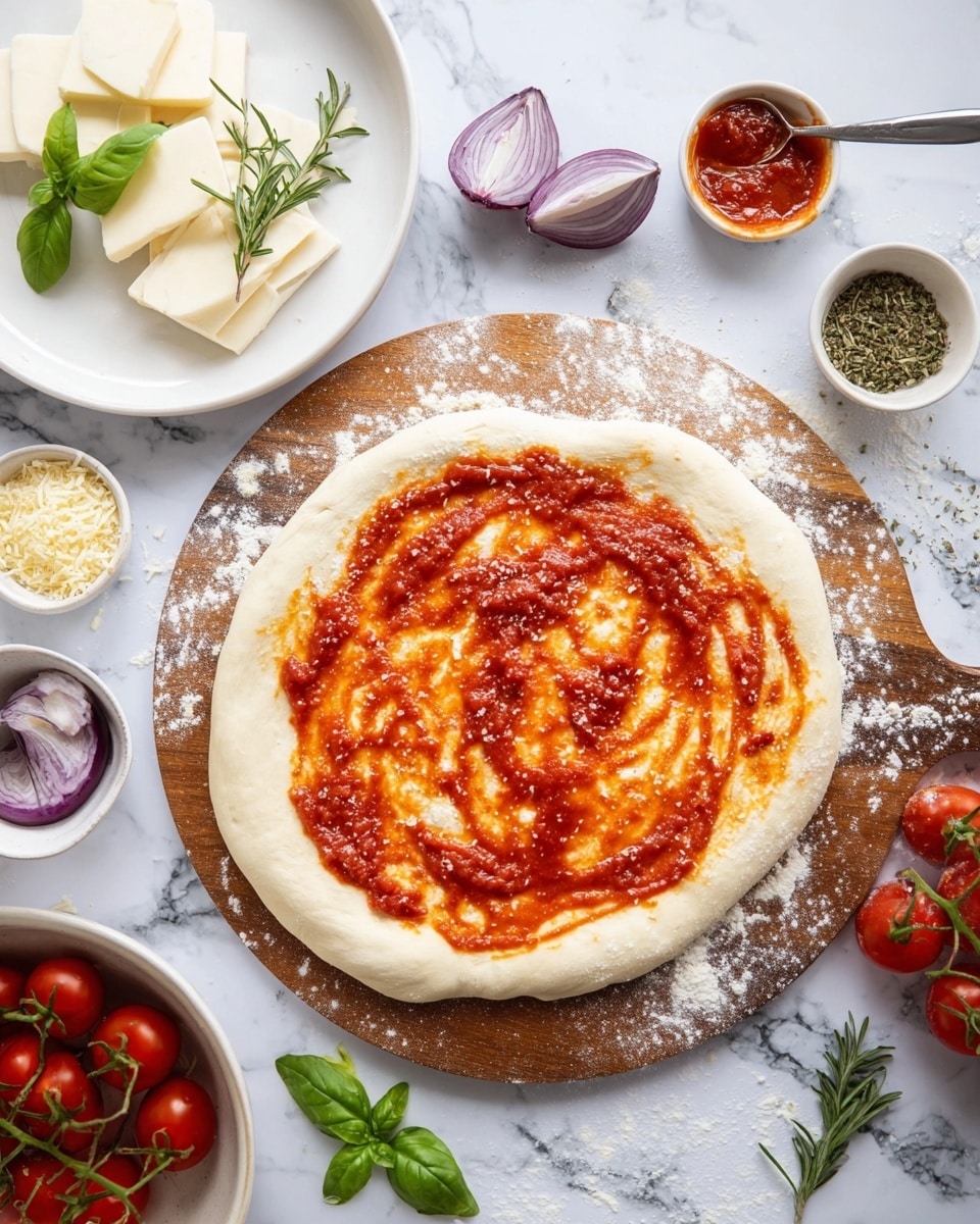 A round pizza dough is spread flat on a wooden board dusted with flour, with a thin, uneven layer of bright red tomato sauce spread across the center, leaving a thick pale dough crust around the edges. Around the board, small white bowls contain dried herbs and grated cheese, while a white plate nearby holds several slices of white cheese topped with a sprig of fresh green rosemary. A silver spoon rests in the top right corner with some tomato sauce on it. Fresh cherry tomatoes, green basil leaves, and sliced purple onions in a small round white bowl are placed nearby on a white marbled surface. photo taken with an iphone --ar 4:5 --v 7