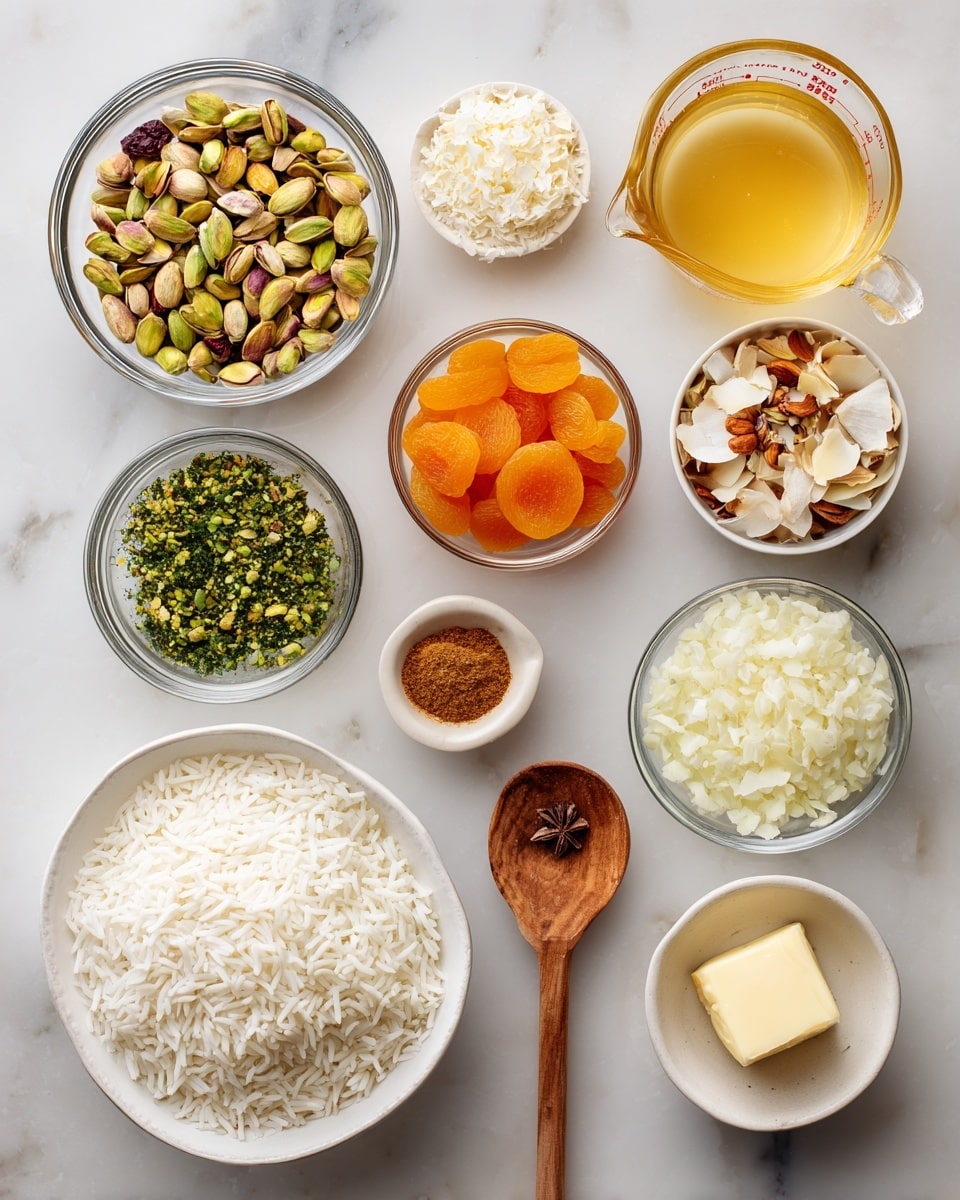The image shows small clear glass bowls on a white marbled surface, each filled with different ingredients. There is a bowl of green pistachios, another with white slivered almonds, and one with bright orange dried apricots. Another bowl contains light brown sultanas, while another holds chopped white onion. A bowl with green chopped parsley is present too. Near these, there is a white bowl filled with white basmati rice and a glass measuring cup with golden-yellow vegetable or chicken broth. A small round dish contains a powder mix of cinnamon, cardamom, cumin, and pepper, and a few bits of chopped garlic sit in a tiny bowl. A wooden spoon holds a pale yellow chunk of butter. All items are neatly arranged on the white marbled surface for a clear, ordered look photo taken with an iphone --ar 4:5 --v 7