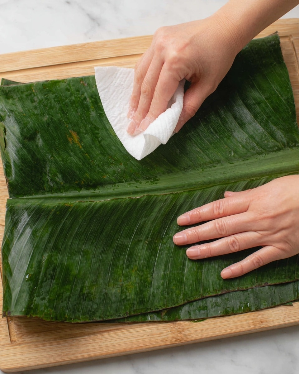 The image shows two layers of large, flat green banana leaves placed on a light wooden cutting board with a white marbled surface visible in the background. The top banana leaf has a slightly glossy texture with various shades of dark green, including some lighter veins and natural spots. A woman's left hand is pressing and holding the top right corner of the banana leaf flat, while her right hand is seen cleaning or wiping the leaf with a white folded paper towel near the center-left area. The focus is on the hands and the fresh banana leaves, showing a simple and natural preparation scene photo taken with an iphone --ar 4:5 --v 7
