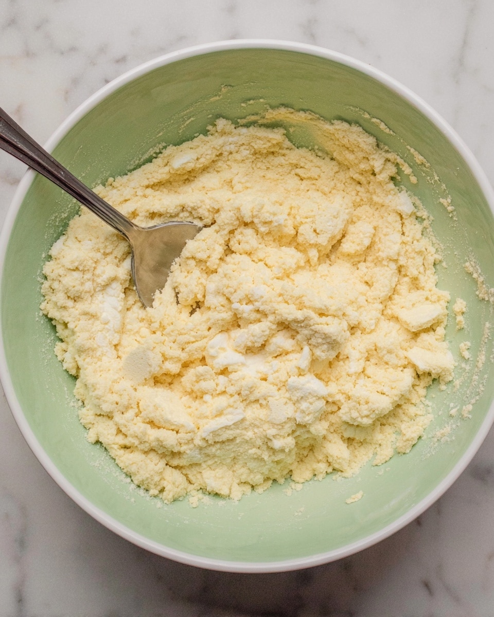 A close-up view of a bowl filled with a light yellow, grainy mixture that has a soft, crumbly texture. The bowl is white on the outside and pale green on the inside. Inside the mixture, there are some white pieces mixed throughout, adding slight variation to the smooth, creamy base. A metal spoon is partially buried in the mixture, positioned on the left side of the bowl. The bowl sits on a white marbled surface. photo taken with an iphone --ar 4:5 --v 7