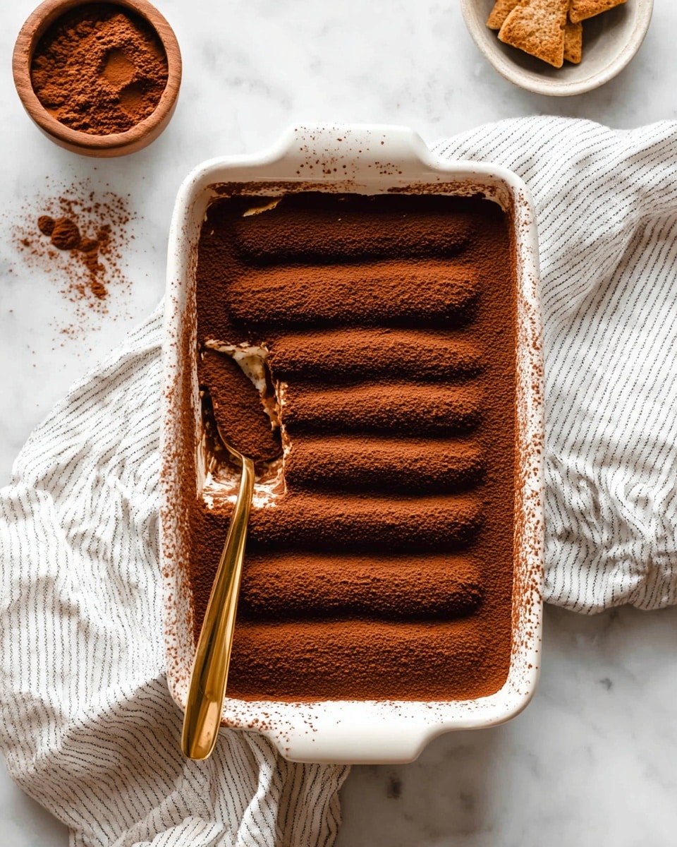 A rectangular white ceramic dish holds a layered dessert with six visible layers of light brown biscuits or ladyfingers lined up horizontally, fully covered in a thick, dark brown cocoa powder dusting that creates a rich textured top layer; a gold spoon rests inside the dish on the left side, slightly touching the cocoa powder. The dish is placed on a white and gray striped cloth draped on a smooth white marbled surface, with a small brown bowl of cocoa powder and another bowl with biscuit pieces nearby. photo taken with an iphone --ar 4:5 --v 7