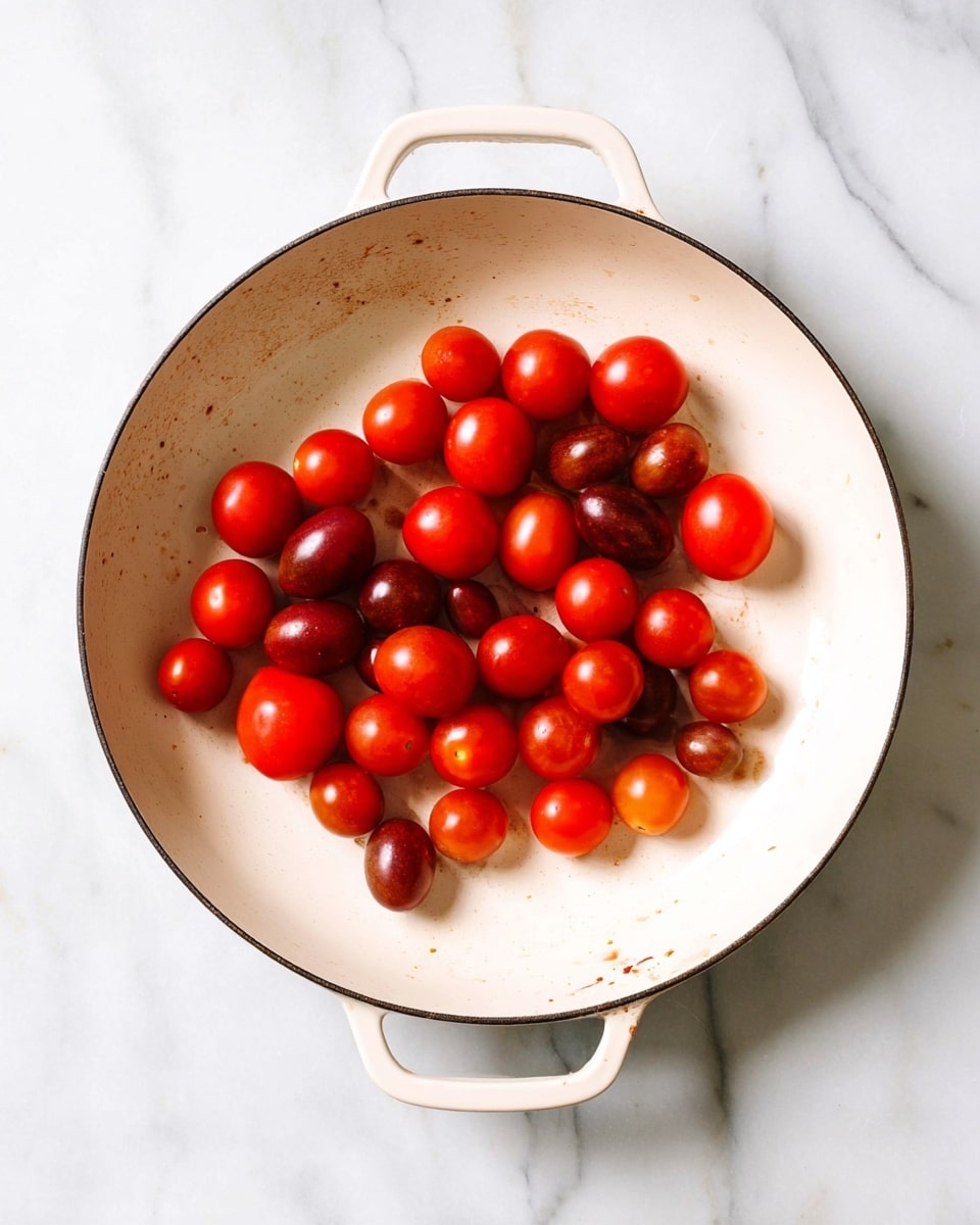 A white cooking pan with a dark rim holds a mix of small fresh tomatoes in the center. The tomatoes vary in size and shape, including round red tomatoes and elongated red grape tomatoes, with some showing a deep reddish-brown color. The pan shows slight signs of use with subtle marks and stains inside. The pan rests on a white marbled surface that has soft gray veining. photo taken with an iphone --ar 4:5 --v 7