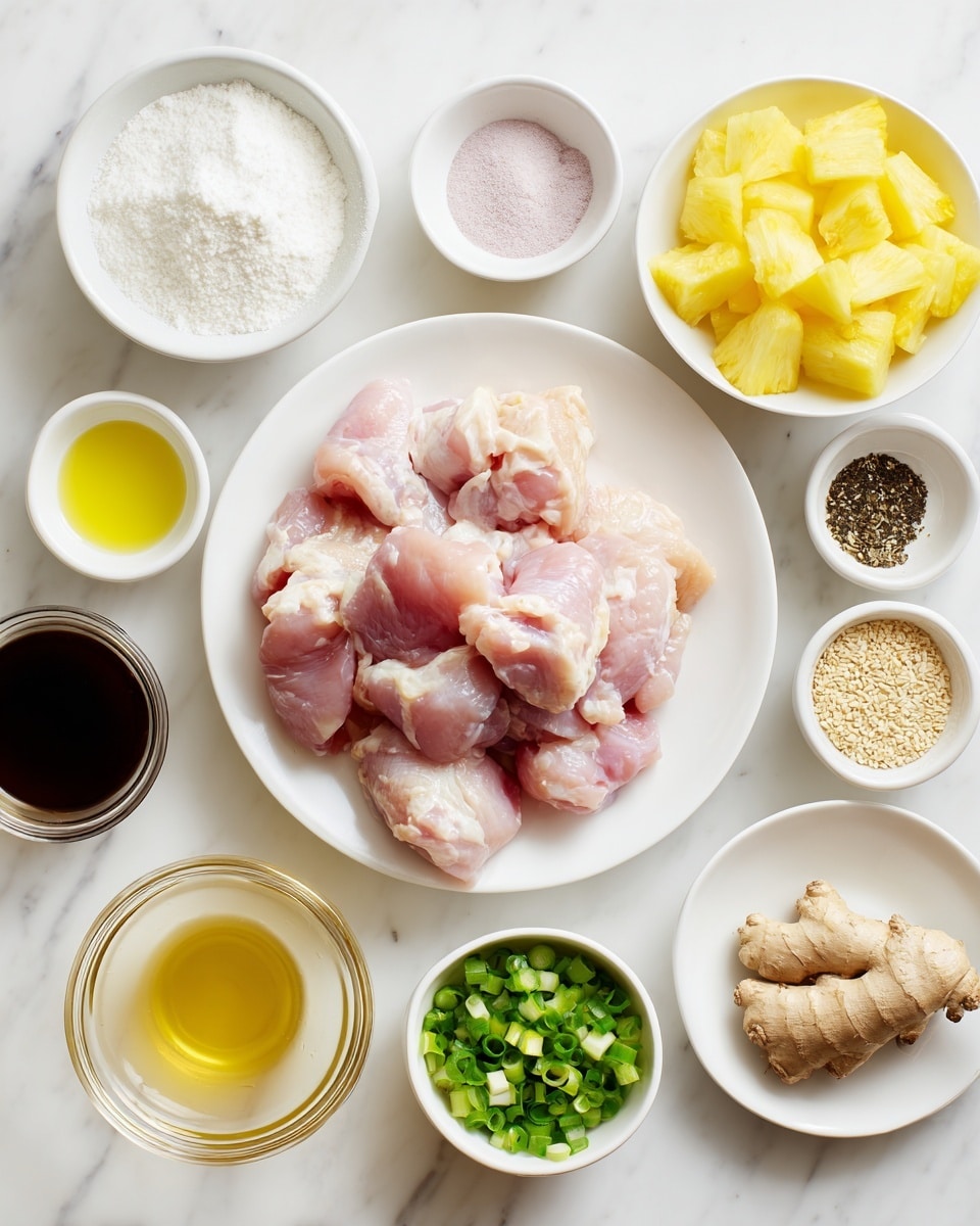 A white plate filled with bite-sized raw chicken thighs or breasts sits in the center on a white marbled surface. Around it are small white bowls holding various ingredients: a bowl of white arrowroot starch, light yellow avocado oil, fine pink salt, and ground black pepper. Bright yellow pineapple chunks fill another bowl, while chopped green onions are in a separate bowl nearby. Minced garlic and fresh ginger rest in small white bowls, along with sesame seeds. On the lower left, there is a white bowl with light golden apple cider vinegar and a clear glass container with dark brown coconut aminos. Each ingredient is neatly arranged and clearly visible, creating a fresh and organized cooking setup. photo taken with an iphone --ar 4:5 --v 7