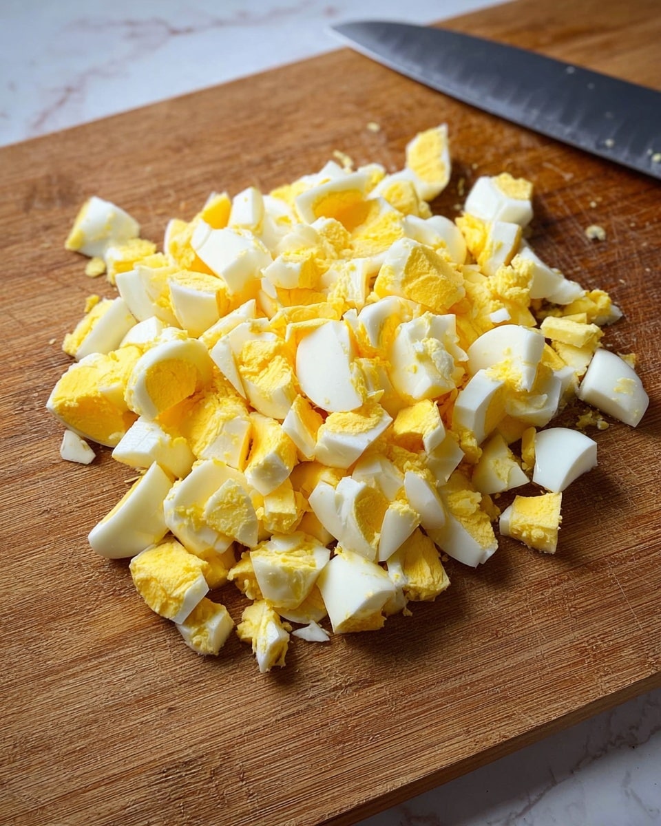 A pile of small, chopped pieces of hard boiled egg lies on a wooden cutting board. The egg pieces show a mix of bright yellow yolks and white whites, roughly cut into small chunks. Part of a large knife rests on the top right corner of the cutting board. The surface under the board is a white marbled texture. photo taken with an iphone --ar 4:5 --v 7