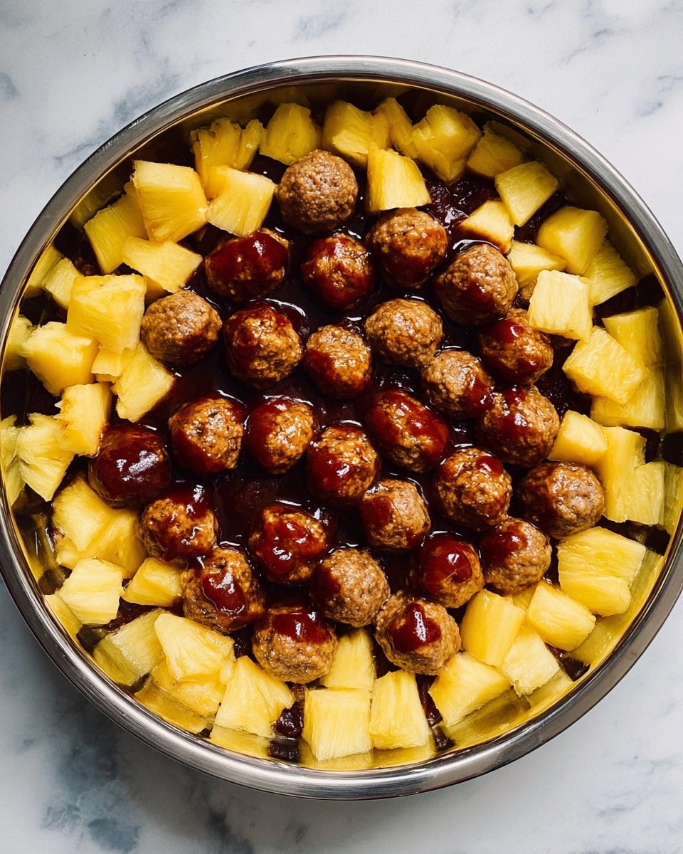 A large round metal pan filled with many brown meatballs covered in a shiny thick dark brown sauce, mixed with bright yellow pineapple chunks scattered evenly throughout, and small pieces of chopped green onions sprinkled on top. The pan is placed on a white marbled surface with a bottle of P.F. Chang’s Teriyaki sauce lying on its side near the top left corner. A bunch of green onions is placed at the top right corner along with a white and blue checkered cloth at the bottom right corner. Photo taken with an iphone --ar 4:5 --v 7