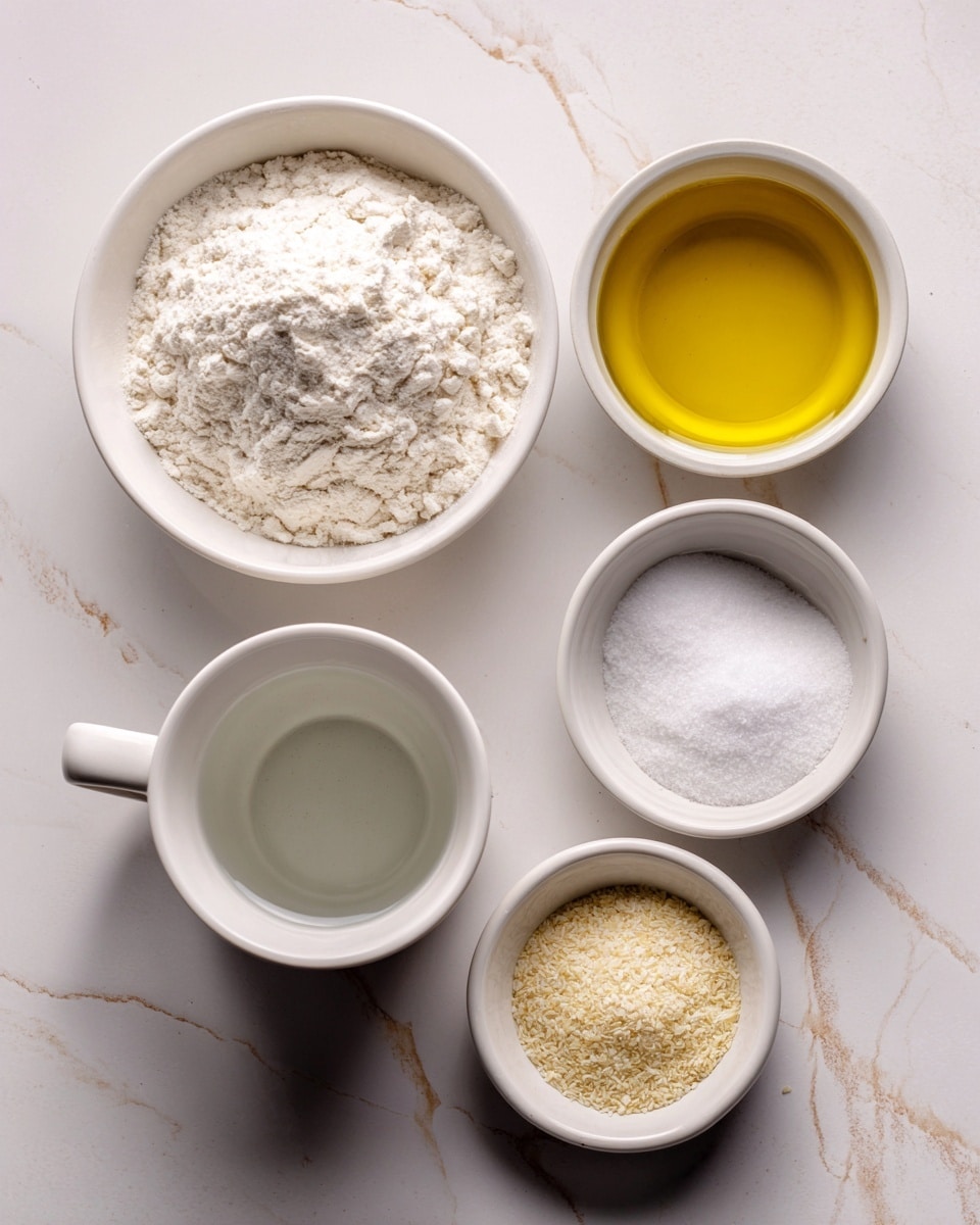 The image shows five small white bowls and one white mug arranged on a white marbled surface. At the top left is a white bowl filled with a mound of white all-purpose flour. To its right, a white bowl holds a golden-yellow olive oil with a smooth texture. Below the flour bowl, a white mug contains clear water with a slight swirl. On the bottom right, a small white bowl holds coarse white salt, and next to it on the left, another small bowl has fine, pale instant yeast granules. Each bowl and mug is clearly labeled with text describing its contents. Photo taken with an iphone --ar 4:5 --v 7