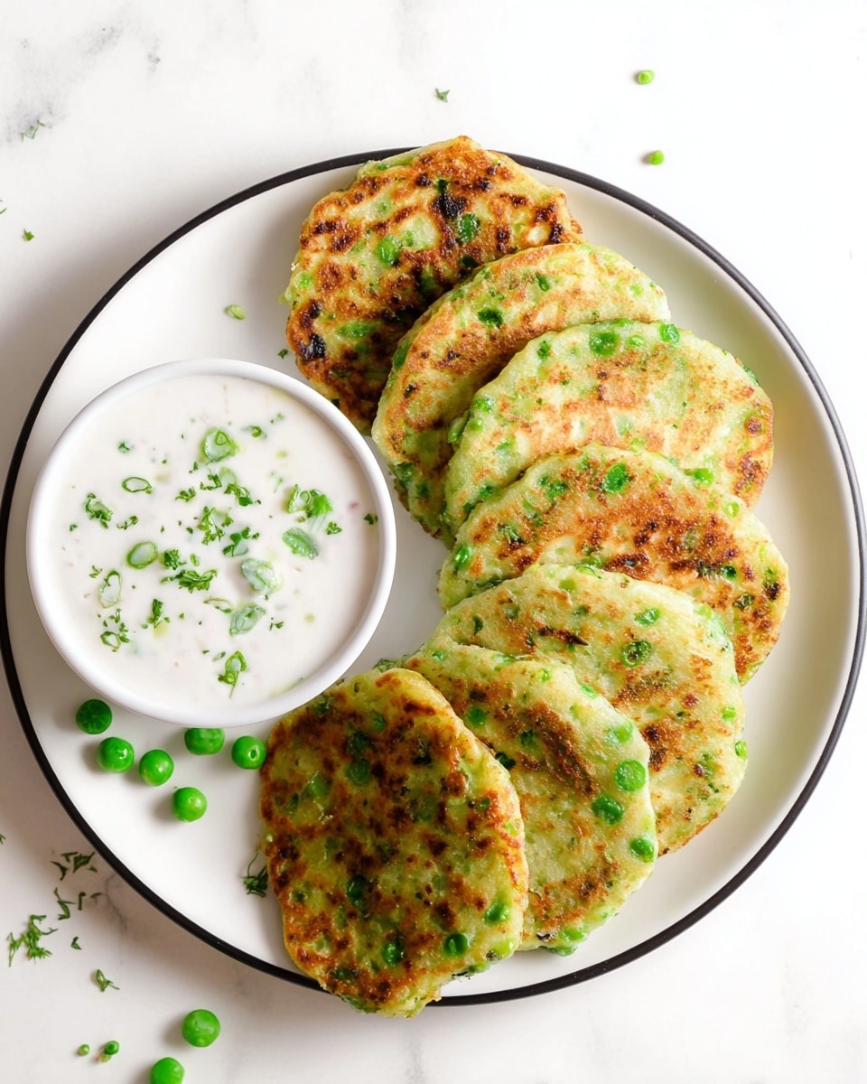 A white round plate with a thin black rim holds seven small green pancakes arranged in a crescent shape on a white marbled surface. The pancakes have a golden-brown, slightly crispy top texture with bits of green peas and herbs visible throughout. Next to the pancakes, on the left side of the plate, is a small white bowl filled with smooth white sauce topped with small green herb pieces. The plate features a few scattered green peas and herbs adding a fresh touch. Photo taken with an iphone --ar 4:5 --v 7