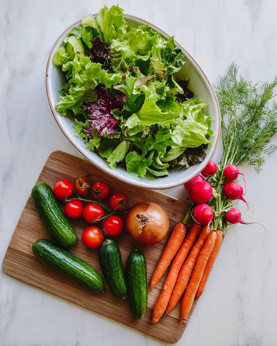 A white oval bowl filled with fresh mixed salad leaves in different shades of green and some purple, showing curly and smooth textures all over. Next to the bowl on a wooden cutting board, there are two bright orange carrots, two shiny green cucumbers, a bunch of red radishes with green leaves, a cluster of red cherry tomatoes on the vine, a brown shallot, and some feathery green sprigs of dill all arranged neatly on a white marbled surface. photo taken with an iphone --ar 4:5 --v 7