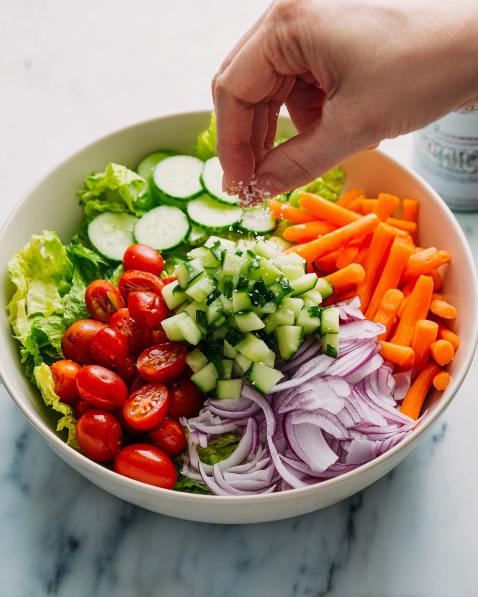 A white bowl filled with a colorful salad placed on a white marbled surface is shown. The salad has five main layers: bright green lettuce leaves spread across the base, followed by a layer of thinly sliced light purple shallots. On top of the shallots is a pile of chopped dark green cucumber pieces arranged in the center. To the right, there are vibrant orange carrot sticks, and next to them, a cluster of halved, shiny red cherry tomatoes. A woman's hand is pinching and sprinkling white salt over the salad from above. Photo taken with an iphone --ar 4:5 --v 7