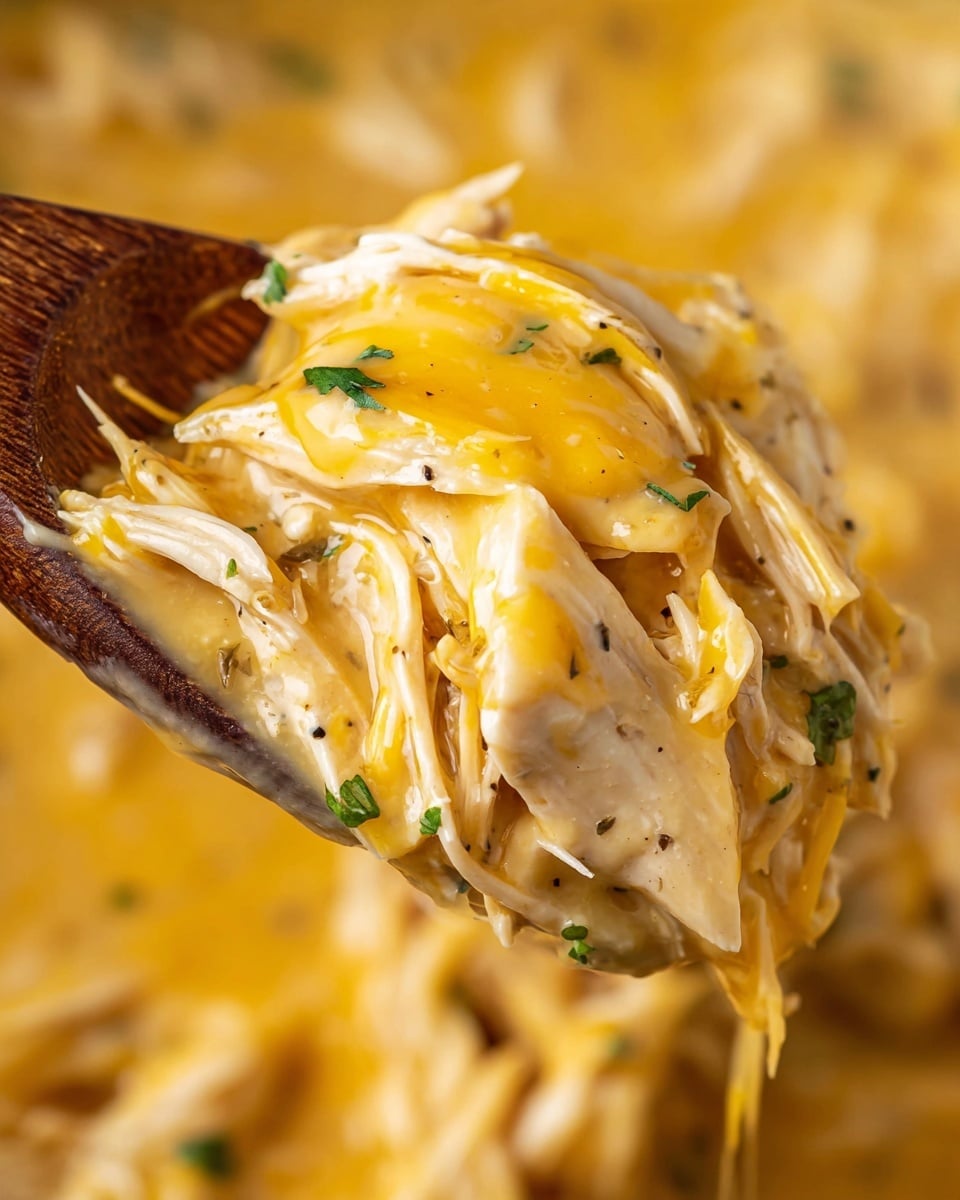 The image shows a close-up of creamy shredded chicken mixed with melted bright yellow cheese and small green herb pieces on a wooden spoon, lifted above a larger mound of the same mixture. The cheese sauce is thick and smooth, coating the white chicken strands evenly with a slightly glossy texture, and there are small black specks scattered across the surface. The background is softly blurred but holds more of the cheesy chicken mixture, all set on a white marbled texture. photo taken with an iphone --ar 4:5 --v 7