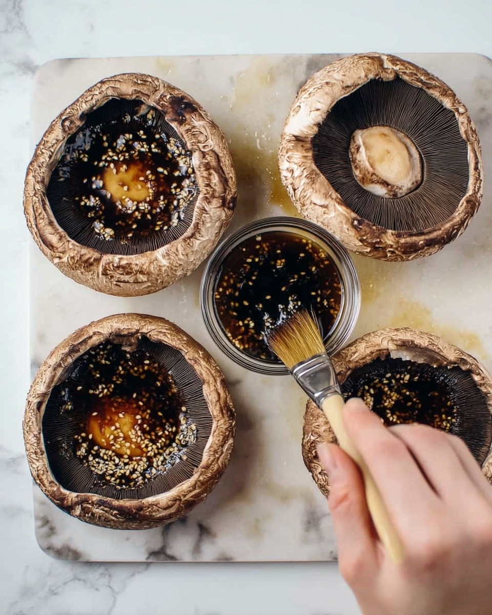 The image shows four large mushrooms placed upside down on a flat, white marbled surface. Each mushroom has a dark brown top with a slightly lighter, rough-edged outer ring. A woman's hand holds a small glass bowl with dark soy sauce mixed with small yellow mustard seeds, while the other woman's hand uses a soft brush to spread the sauce evenly over the surface of the mushrooms. The sauce has a shiny, wet texture with visible seeds, and the mushrooms appear fresh with a slightly moist surface. Photo taken with an iphone --ar 4:5 --v 7