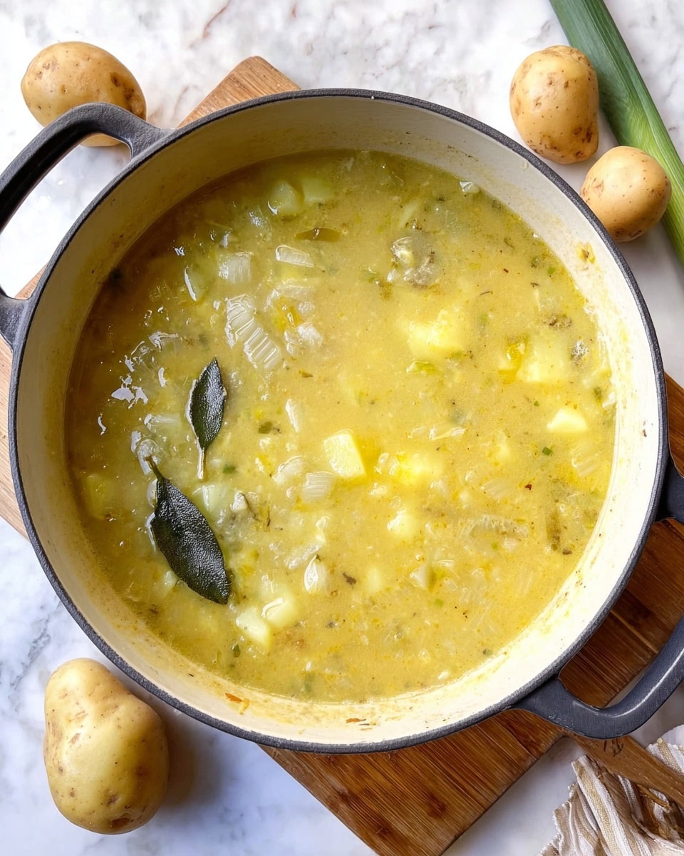 A top view of a large round white pot filled with a thick, yellowish soup that has visible small pieces of potatoes and translucent diced onions, with some green herbs and a single bay leaf floating on the surface, the pot is placed on a wooden cutting board on a white marbled surface, with three small potatoes and a leek nearby. Photo taken with an iphone --ar 4:5 --v 7
