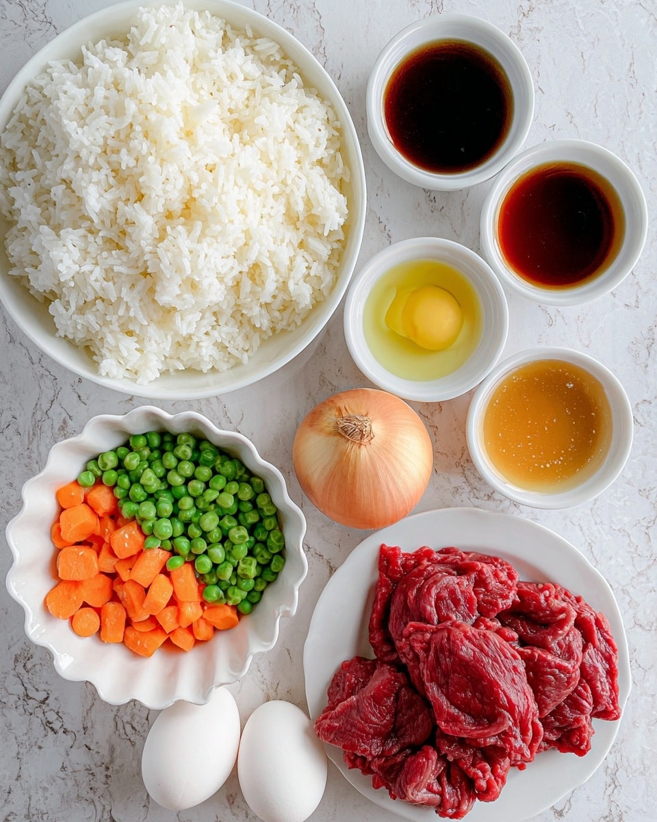 A top view of ingredients arranged neatly on a white marbled surface, featuring a large white bowl filled with cooked white rice at the top left; next to it on the right are four small white bowls with different sauces and liquids in dark brown, light yellow, and amber colors. Below the rice bowl, a white scalloped bowl holds a mix of frozen green peas and orange carrot cubes. Two white eggs and a whole brown onion lie between the bowls and a white plate at the bottom right, which contains red sliced raw beef strips. The colors are vibrant with a mix of natural textures from the rice grains, frozen vegetables, and raw meat. photo taken with an iphone --ar 4:5 --v 7