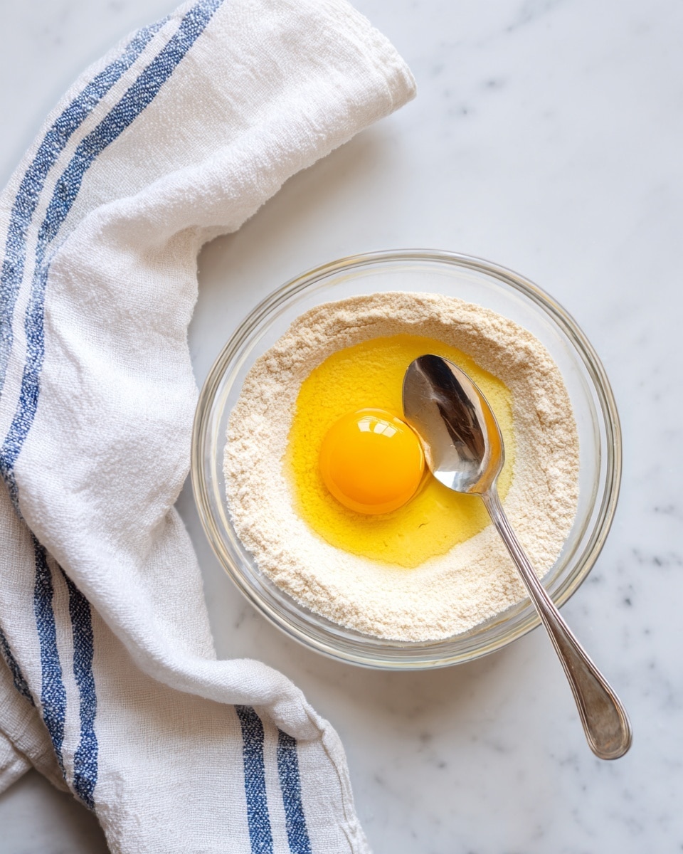 A small clear glass bowl sits on a white marbled surface with three main layers visible from the top view: a pale beige flour layer around the sides, a thin layer of light yellow liquid in the middle, and a bright yellow raw egg yolk resting on a silver spoon placed inside the bowl. To the left of the bowl, a white towel with blue stripes is casually folded. The image has a clean, bright look with soft natural light. photo taken with an iphone --ar 4:5 --v 7