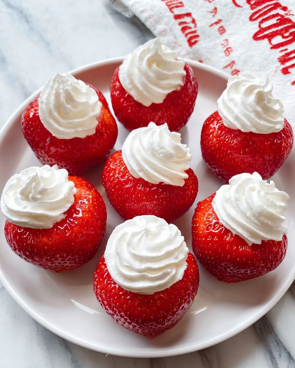 The image shows a white round plate with eight bright red strawberries arranged in a circle and one in the center. Each strawberry is hollowed out and filled with a swirl of white whipped cream on top, creating a contrast between the red fruit and the smooth cream. The background is a white marbled surface, and a piece of fabric with red text is partly visible in the top right corner. The strawberries have a shiny texture, and the whipped cream looks soft and fluffy. photo taken with an iphone --ar 4:5 --v 7