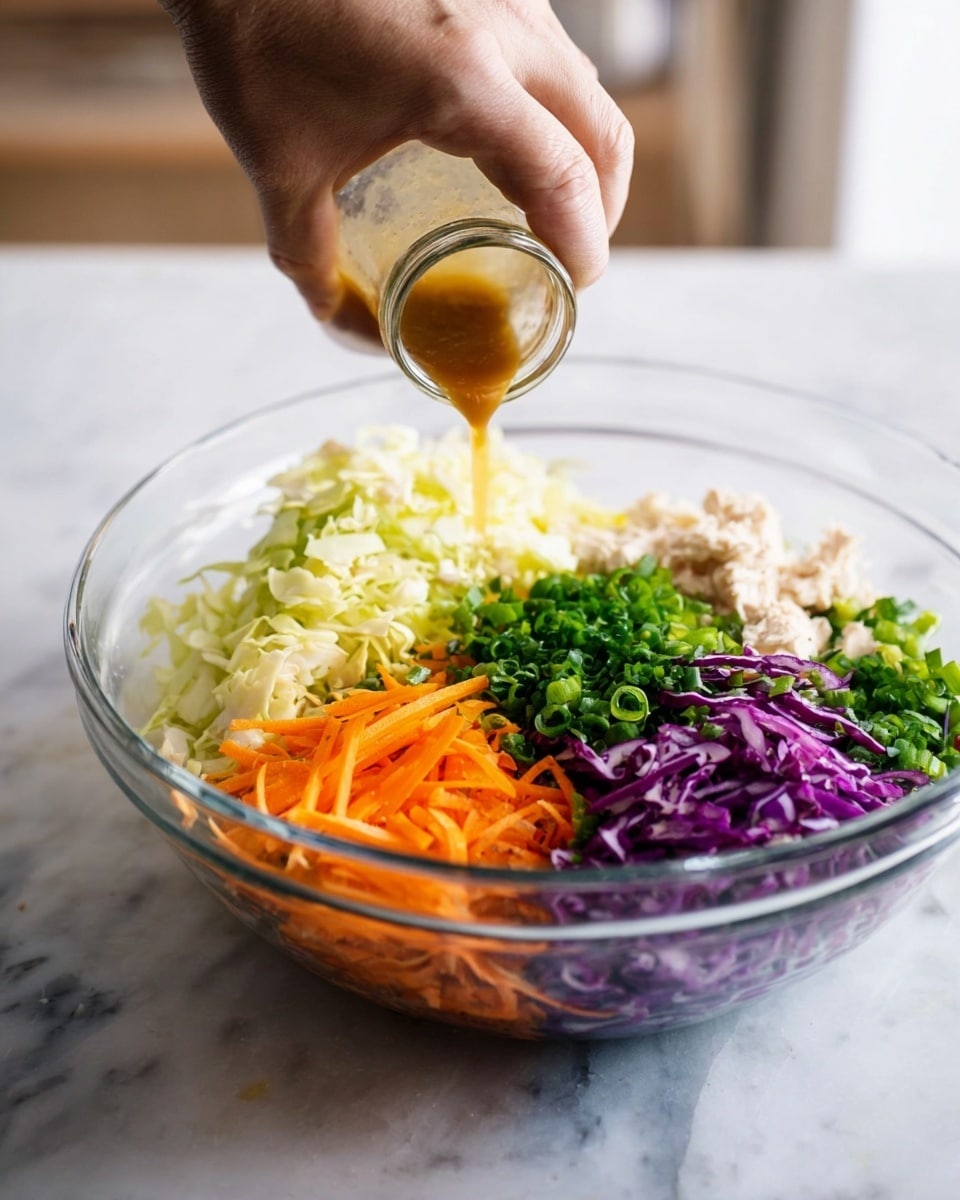 A clear glass bowl filled with six separate piles of fresh ingredients arranged side by side: finely shredded pale yellow cabbage, chopped green onions, thin bright orange carrot strips, chopped dark green herbs, shredded white chicken meat, and shredded deep purple cabbage. A person's hand is pouring a medium brown liquid dressing from a small clear glass bottle over the center of the ingredients. The bowl sits on a white marbled surface, and the background is softly blurred. photo taken with an iphone --ar 4:5 --v 7