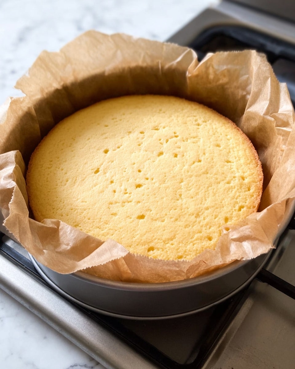 A lightly golden yellow cake with a soft, fluffy texture is seen inside a round baking pan lined with crumpled parchment paper that extends above the cake's edges. The cake top shows a few small, darker brown spots scattered evenly. The baking pan is placed in a square metal tray on a stove, with the background of the surface being white marble. Photo taken with an iphone --ar 4:5 --v 7