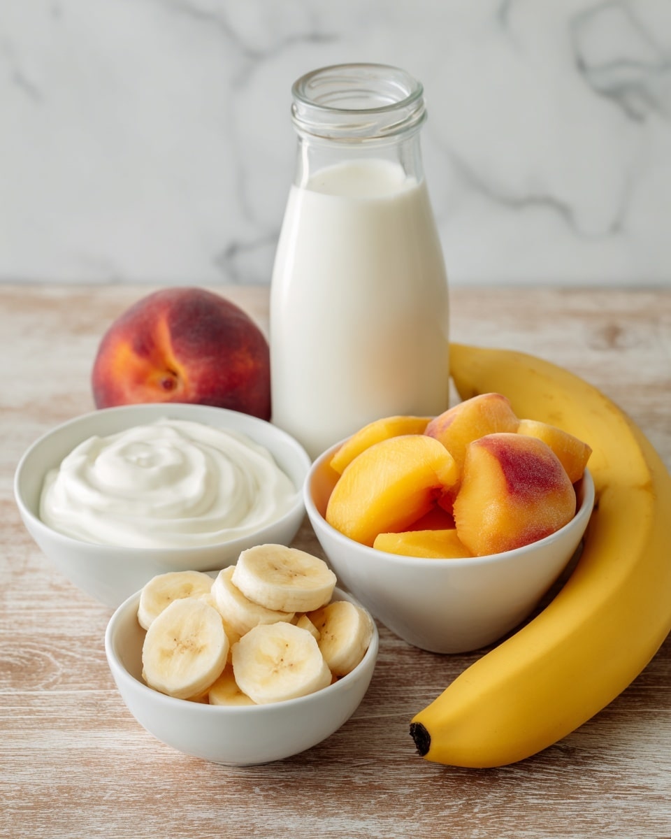 The image shows four main food elements arranged on a wooden surface with a white marbled background. There is a white bowl on the left filled with smooth, creamy white Greek yogurt. To the right of it, a small white bowl is filled with round slices of banana in pale yellow with a soft texture. Next to it, another white bowl is full of chunky frozen peaches with a mix of bright orange and reddish hues, showing a frosty texture. Behind these bowls, there is a clear glass bottle filled with white milk and a whole ripe yellow banana placed horizontally on the right side. The elements together give a fresh and healthy feel. photo taken with an iphone --ar 4:5 --v 7