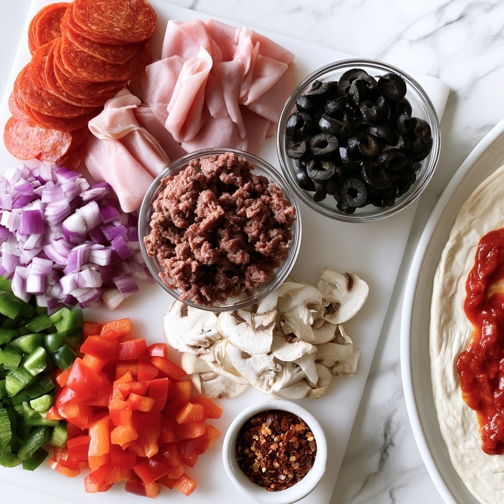 A white board with many pizza toppings arranged neatly; there are two small clear bowls, one filled with cooked ground beef and the other with sliced black olives, placed near the center. Around them, slices of red pepperoni are stacked on the top left, folded pink ham pieces are next to the olives, and diced purple onions are below the ham. Below the onions are thin, white mushrooms placed in a small pile. On the bottom left, there are chopped green and red bell peppers in separate groups. A small white bowl filled with red chili flakes is near the mushrooms. On the right edge, part of a white round pizza pan shows a pizza dough with red tomato sauce spread on it. The whole scene is on a white marbled surface. Photo taken with an iphone --ar 4:5 --v 7