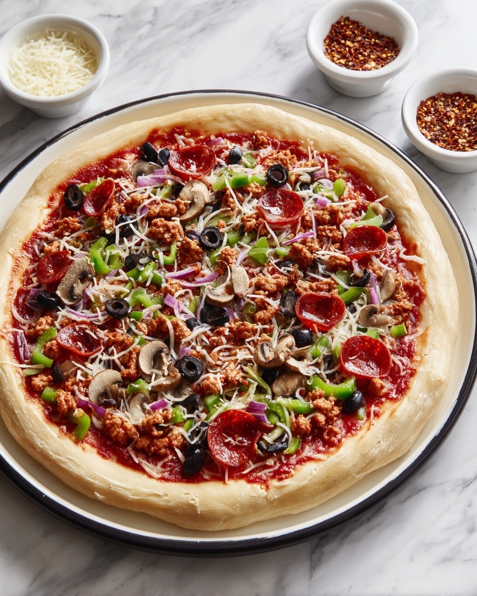 A pizza with four main layers: the base is a thick, light beige dough with a smooth, slightly raised edge; spread evenly over the dough is a bright red tomato sauce close to the edge; a layer of white shredded cheese is scattered across the sauce; on top, there are multiple toppings including round dark red pepperoni slices, pieces of light brown ground meat, sliced white mushrooms, rings of black olives, small diced red and green bell peppers, and chopped purple onions, all spread evenly. The pizza is on a round white pan with a black rim, placed on a white marbled surface, with two small white bowls nearby containing grated cheese and red pepper flakes. Photo taken with an iphone --ar 4:5 --v 7