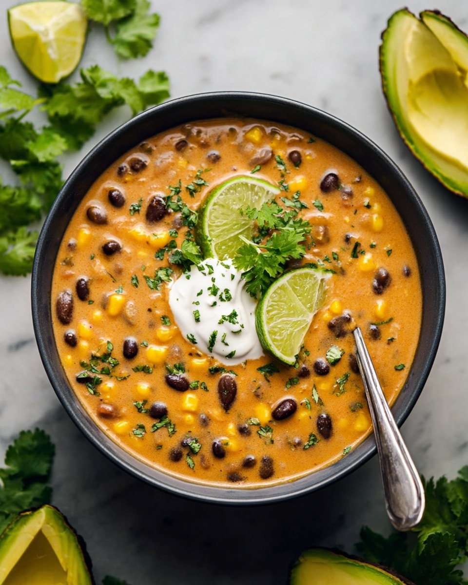 A dark bowl filled with creamy orange chili soup that has visible black beans and yellow corn throughout. On top, there is a dollop of white sour cream, a bright green lime wedge, and a small bunch of fresh cilantro leaves. Bright green chopped herbs are sprinkled over the soup, adding texture. A silver spoon is placed on the right side inside the bowl. The bowl sits on a white marbled surface surrounded by halved avocados with bright green flesh and some cilantro leaves. Photo taken with an iphone --ar 4:5 --v 7