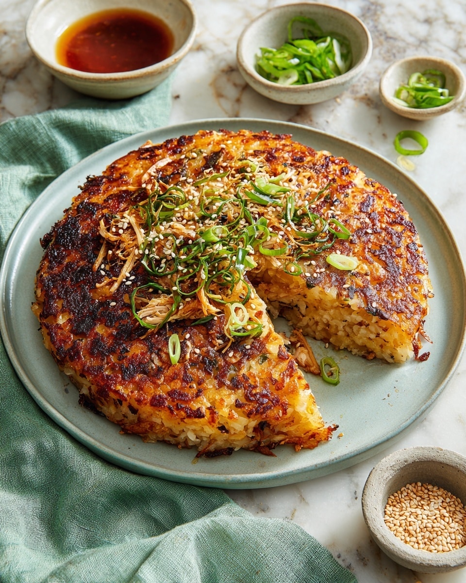 The dish shows a round, golden-brown crispy rice cake on a light blue plate, with a section missing to show the inside. The top of the rice cake is covered with shredded chicken mixed with green onion slices and sprinkled with sesame seeds. The rice looks toasted with a crunchy texture on the outside and softer inside. Around the plate, there are small bowls with green onions, sesame seeds, and sauce, all on a white marbled surface with a soft green cloth underneath. Photo taken with an iphone --ar 4:5 --v 7
