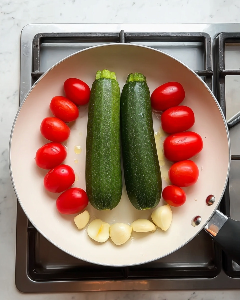 A white pan on a stove holds two whole green zucchinis placed side by side in the center. Surrounding the zucchinis are eight halved red tomatoes arranged evenly around the edge. At the bottom of the pan, there are several peeled garlic cloves scattered in a loose line. The pan and stove sit on a white marbled surface. photo taken with an iphone --ar 4:5 --v 7
