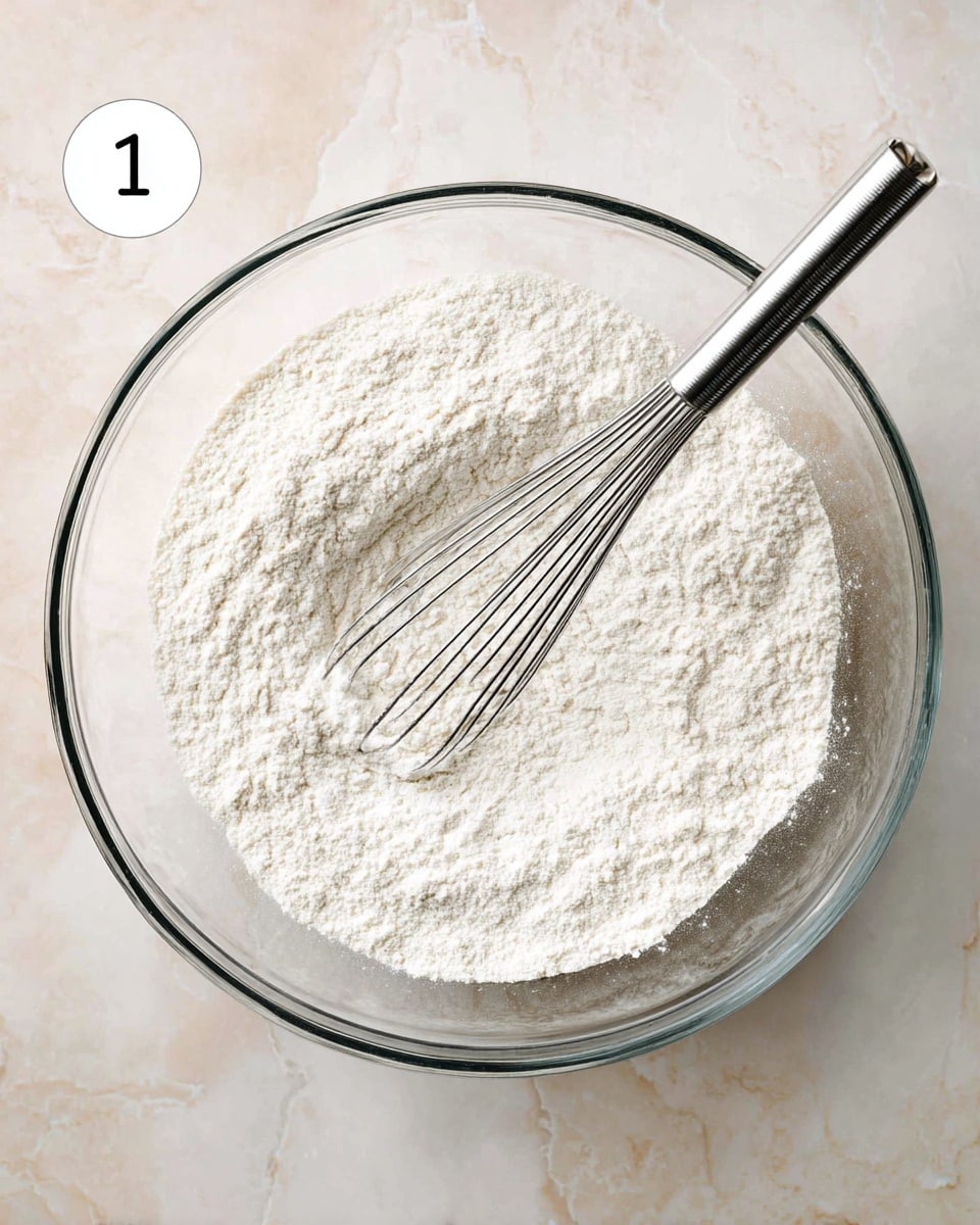 A clear glass bowl sits on a white marbled surface filled with a single layer of fine white flour, evenly spread. In the middle of the flour, there is a shiny metal whisk resting diagonally from the bottom left corner to the center. The whisk is silver-colored with a cylindrical handle and thin wires forming the mixing end. The image has a soft light coming from above, creating gentle shadows inside the bowl, highlighting the texture of the flour. A white circle with the black number