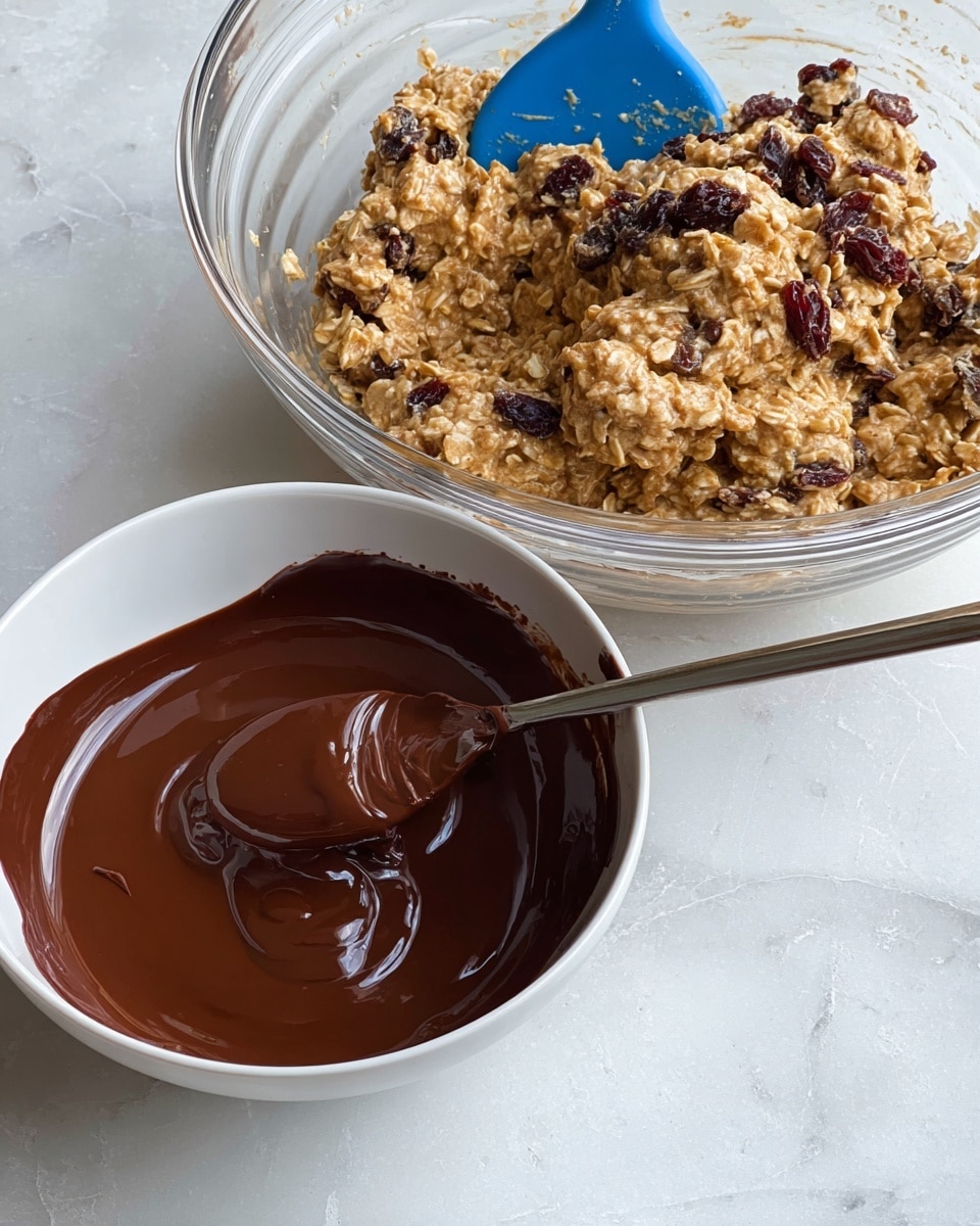 The image shows two bowls placed on a white marbled surface. The top bowl is clear glass and filled with a thick oatmeal mixture that has pieces of dried dark red fruit and is stirred with a blue spatula. The oat mixture is light brown and looks rough and sticky with visible oats and fruit pieces. The bottom bowl is white and filled with smooth, shiny dark brown melted chocolate. A metal spoon coated with chocolate is resting inside the bowl, with some chocolate dripping off it. Photo taken with an iphone --ar 4:5 --v 7
