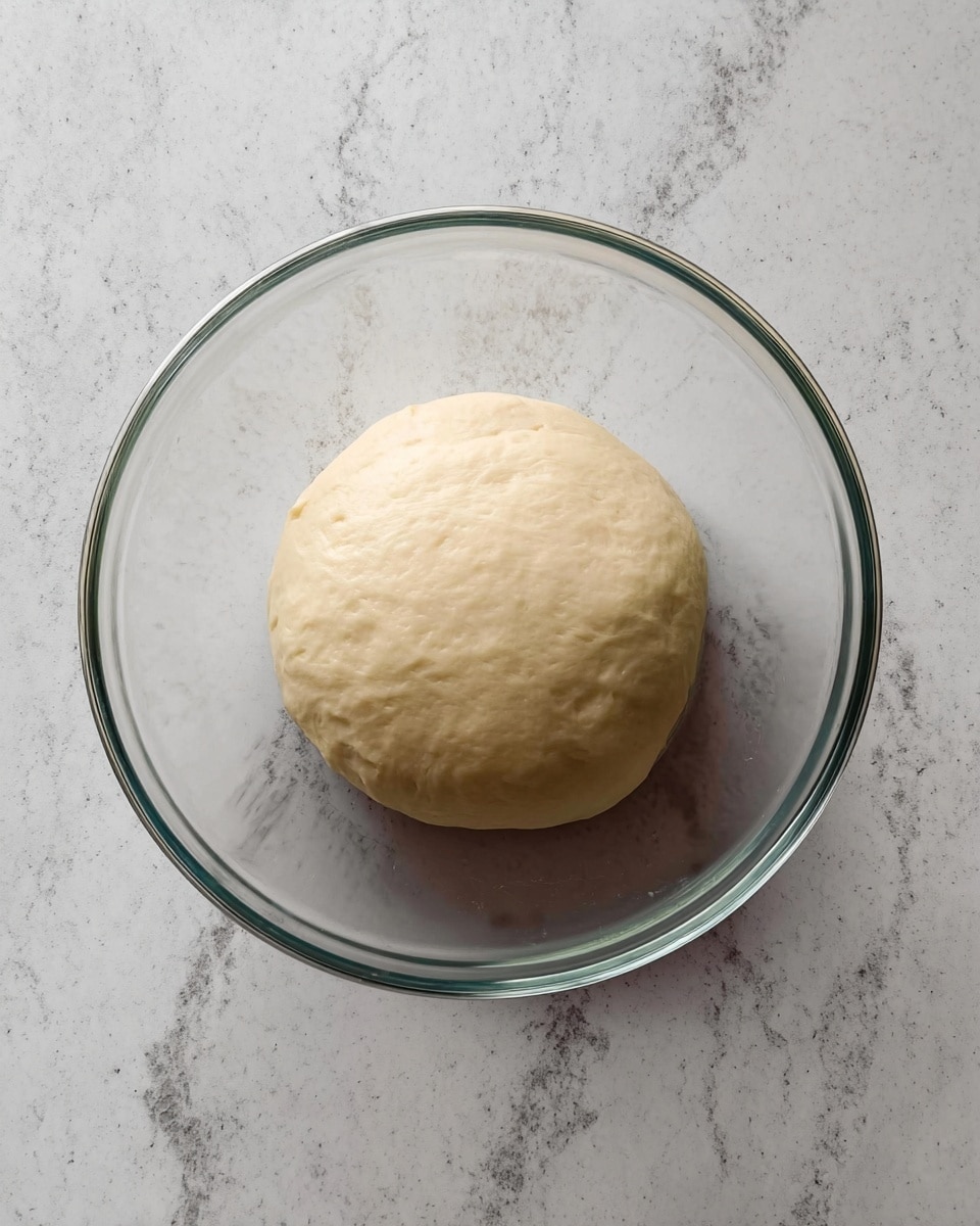 A smooth, round ball of dough sits in the center of a clear glass bowl. The dough is pale cream in color with a soft, even texture and no cracks on its surface. The bowl is placed on a flat white marbled surface with soft gray and black veins running through it, adding subtle detail to the background. The glass bowl is simple and transparent, showing the dough clearly, and the overall scene looks clean and minimal. photo taken with an iphone --ar 4:5 --v 7