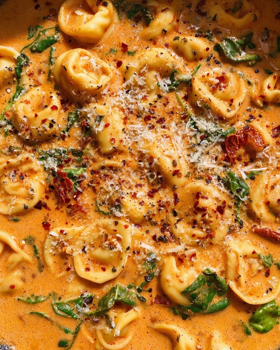 The image shows close-up tortellini pasta in a thick, creamy orange-red sauce. The round stuffed pasta is scattered evenly, mixed with green leafy herbs and bits of sun-dried tomatoes. The sauce has a smooth texture with small flecks of black pepper and red chili flakes sprinkled on top. Thin grated white cheese is lightly spread across the surface, adding contrast to the warm, rich tones. The overall look is warm and inviting with a mix of soft pasta and bright garnishes, all set against a white marbled background. photo taken with an iphone --ar 4:5 --v 7