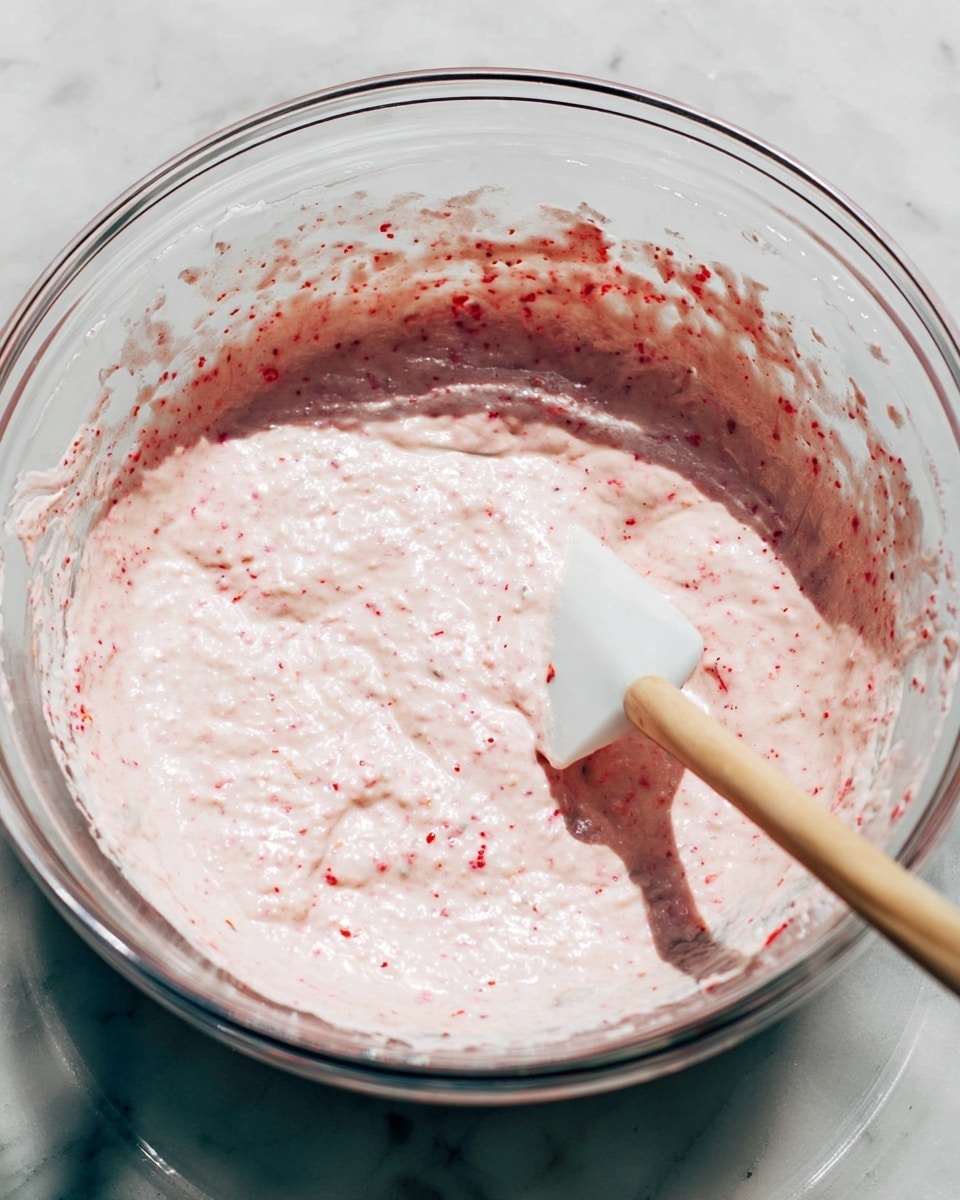 A clear glass bowl holds a single creamy mixture layer that is light pink with small red and darker specks throughout, giving it a slightly bubbly texture. A white spatula with a wooden handle rests inside the bowl, partially submerged in the mixture, casting a soft shadow on the white marbled surface beneath. The edges of the bowl have some splattered bits of the mixture, adding texture to the scene. photo taken with an iphone --ar 4:5 --v 7