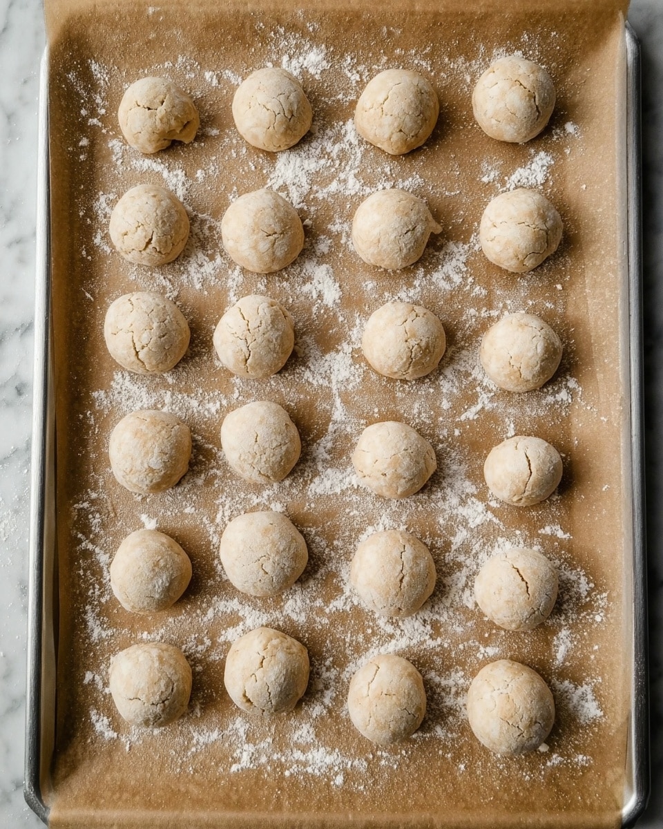 The image shows 35 small dough balls arranged in 5 rows and 7 columns on a baking tray lined with brown parchment paper. Each dough ball is pale beige with a slightly rough texture and some cracks on the surface. There is white flour sprinkled around and between the dough balls on the parchment paper, adding a dusted effect. The edges of the silver baking tray are visible, and the backdrop is a white marbled surface. photo taken with an iphone --ar 4:5 --v 7