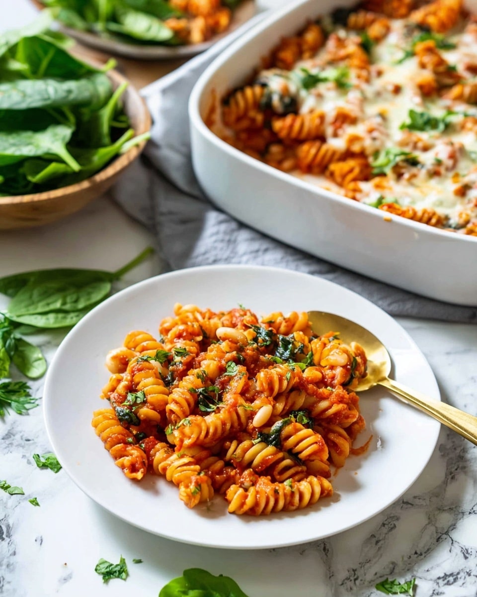 A white plate holds a serving of spiral pasta in a thick red-orange tomato sauce mixed with white beans and small bits of green spinach. The pasta looks soft and is topped with fresh green basil leaves and chopped parsley scattered on top. A gold spoon rests inside the plate on the right side. Behind the plate, there is a white baking dish filled with more of the pasta, topped with melted white cheese. To the left, a bowl of fresh green spinach leaves is partially visible, all set on a white marbled surface with some green herbs scattered around. photo taken with an iphone --ar 4:5 --v 7