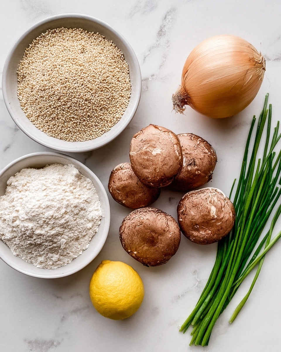 The image shows several ingredients arranged neatly on a white marbled surface. In the top left corner, there is a round bowl filled with light beige quinoa grains. Below it, a smaller white bowl holds white flour with a soft powdery texture. To the right, five whole brown mushrooms with a smooth, slightly shiny surface are grouped together near a light brown onion with dry skin and a yellow lemon. At the bottom right, a bunch of long, thin green chives lay horizontally, adding a fresh green color to the scene. Photo taken with an iphone --ar 4:5 --v 7