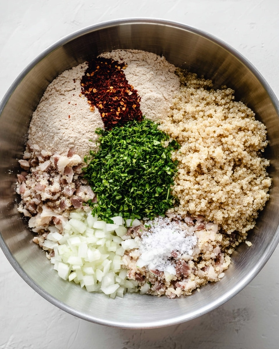 A large round silver bowl sits on a white marbled textured surface, filled with six separate layers of ingredients arranged closely together but not mixed. The top left layer shows light beige flour with a slight powdery texture, topped with a small pile of dark red chili flakes. Next to it on the right is a layer of cooked quinoa with a beige and slightly translucent look. Below the quinoa is a chopped mushroom section showing small brown and cream pieces with a rough texture. To the left, finely chopped white onions form a bright white textured layer. Above the onions is a pile of vibrant green chopped herbs with a shine, next to a sprinkle of salt crystals. Photo taken with an iphone --ar 4:5 --v 7