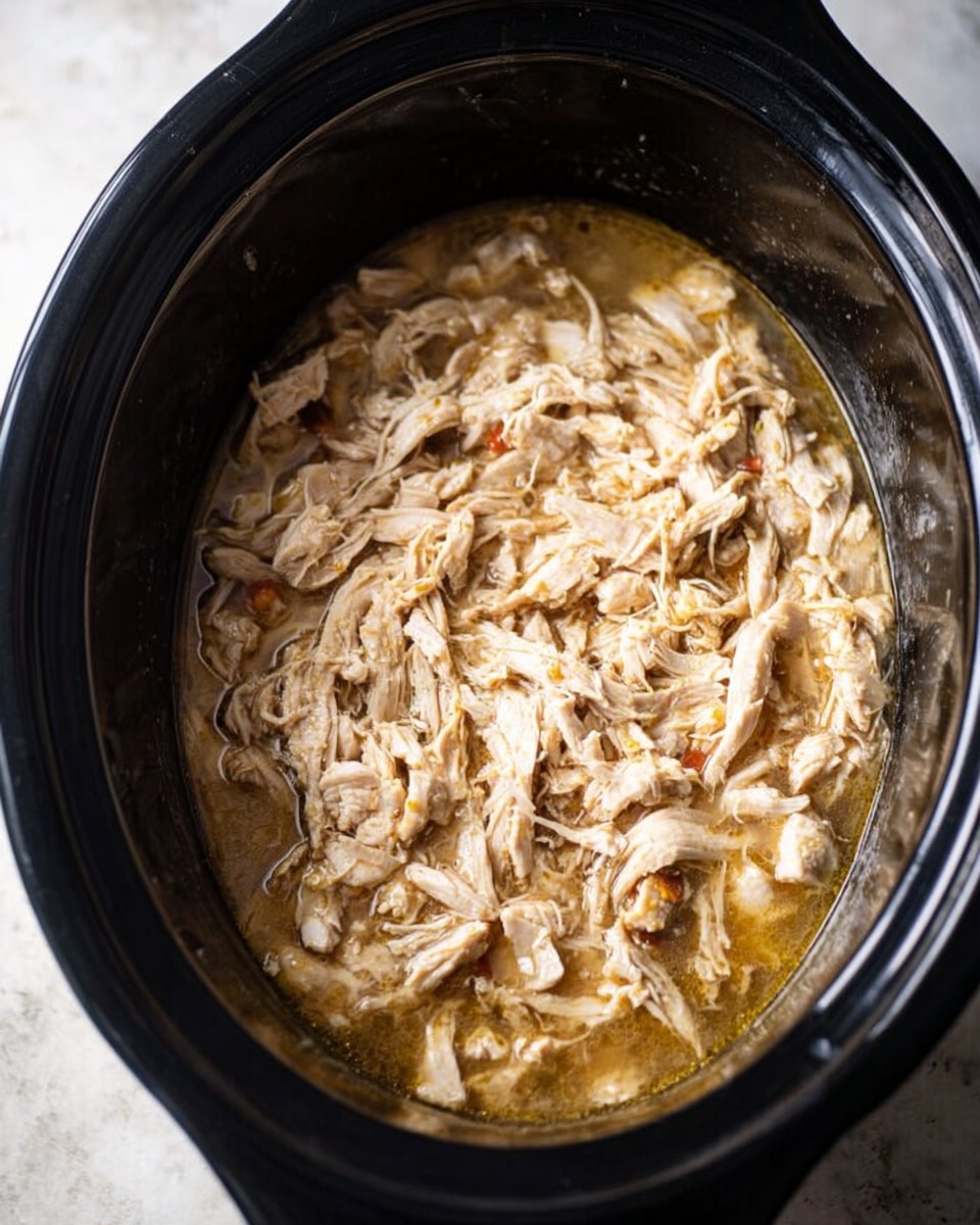 The image shows a black slow cooker filled with shredded chicken mixed in a light brown broth. The chicken pieces are soft and moist, covering the entire surface inside the slow cooker, with some bits having a slightly golden color. The texture looks tender and juicy, with small chunks floating in the thin liquid at the bottom. The slow cooker is on a white marbled surface. photo taken with an iphone --ar 4:5 --v 7
