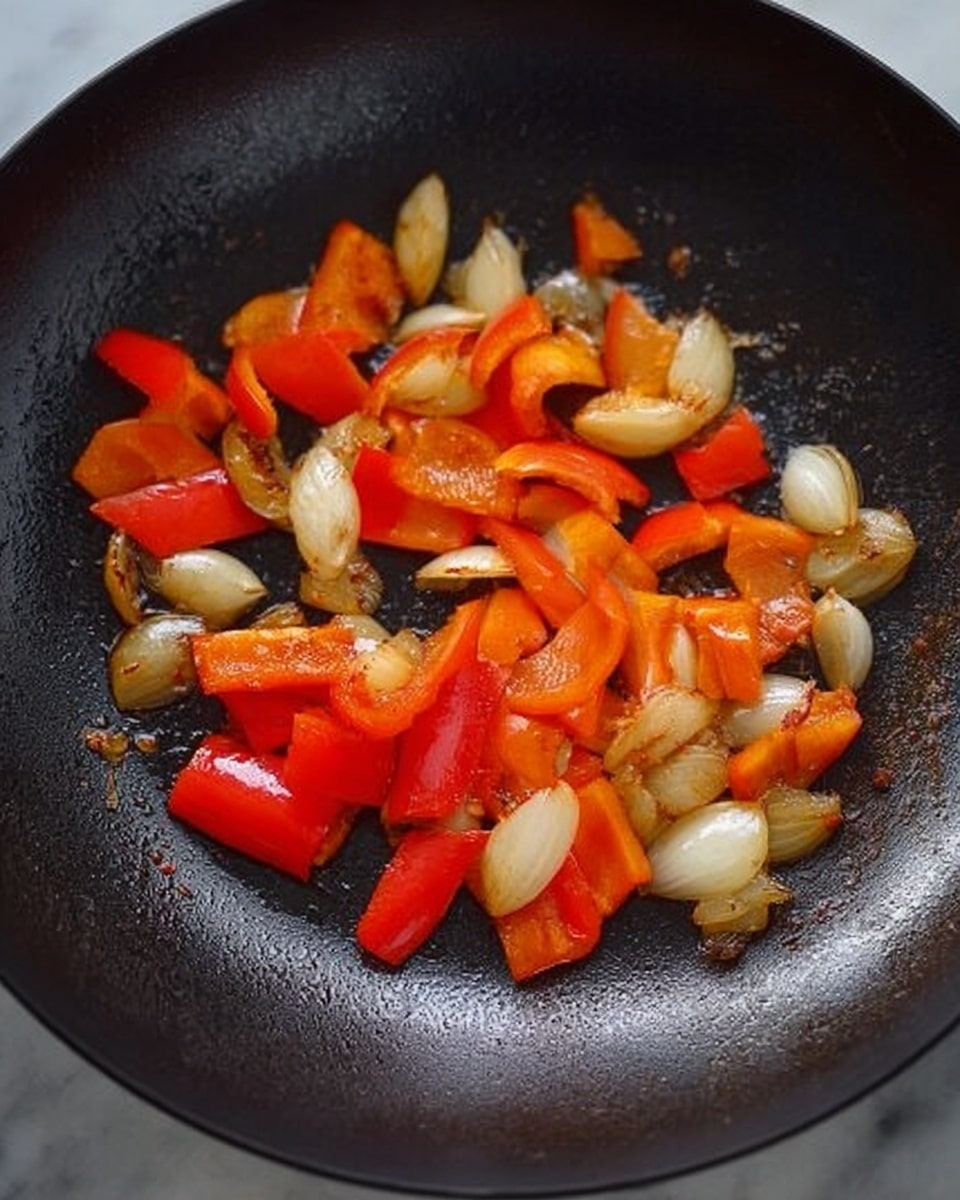 The image shows a black frying pan with small pieces of red and orange bell peppers mixed with light brown, roundish onion pieces cooking inside. The peppers look soft with some shiny, smooth texture, while the onions have a slightly crispy, golden-brown edge. The colors are warm and rich, with the pan’s dark surface contrasting the bright vegetables. The vegetables are scattered but mostly centered, showing a simple cooking step on a white marbled surface background photo taken with an iphone --ar 4:5 --v 7